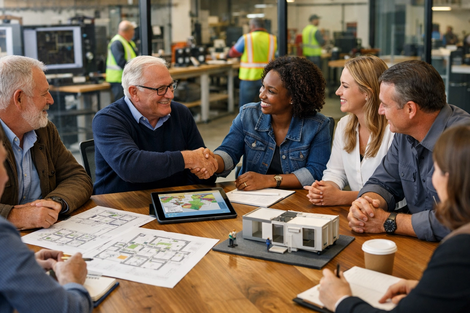 Leaders from business and education collaborating on career readiness plans in a community innovation hub.