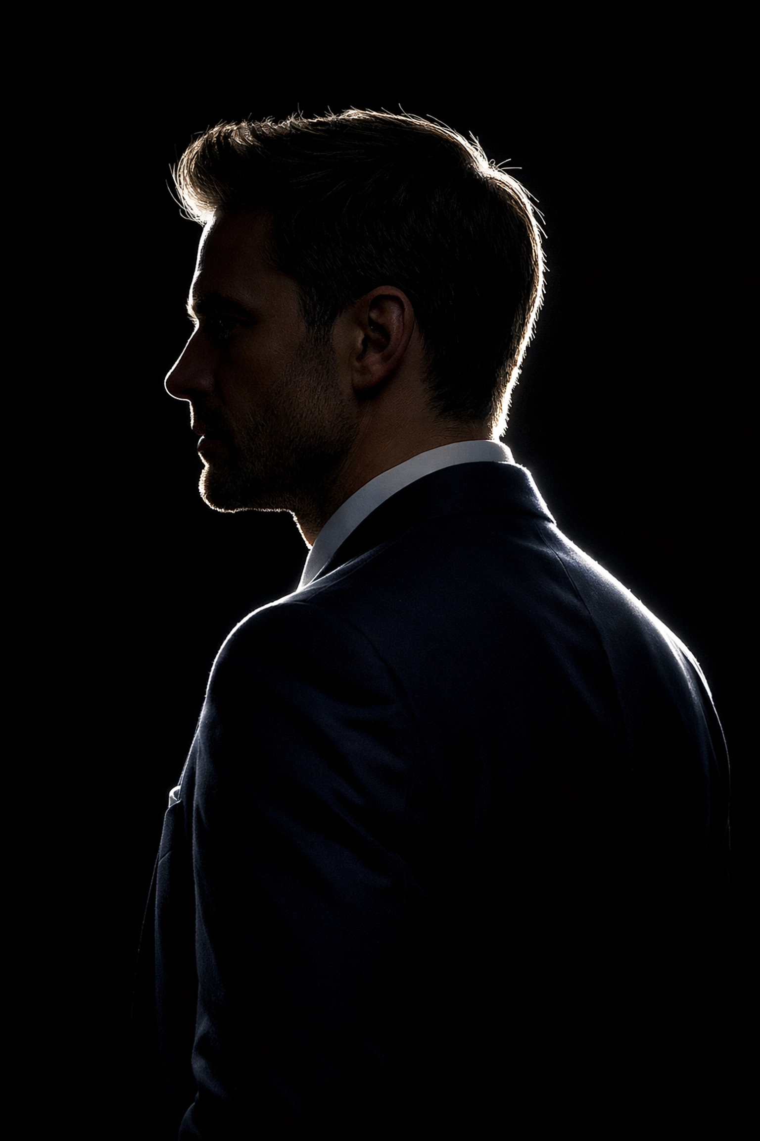 Dramatic rim light on an executive's silhouette for professional background separation.