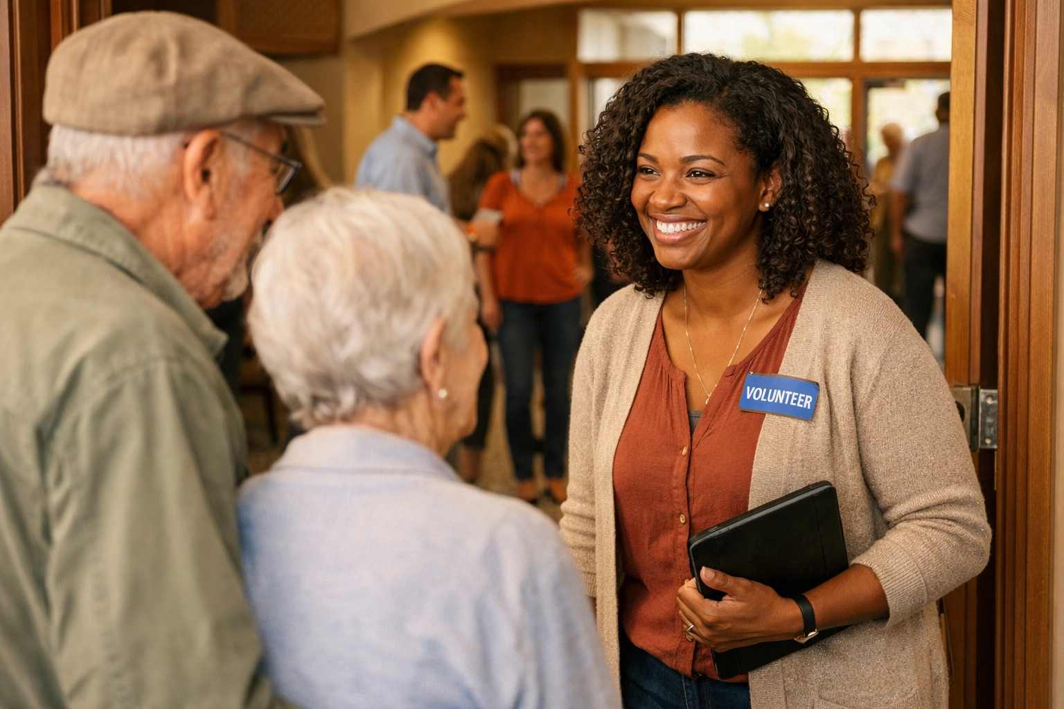 Church volunteer using tablet technology while greeting congregation members at church entrance