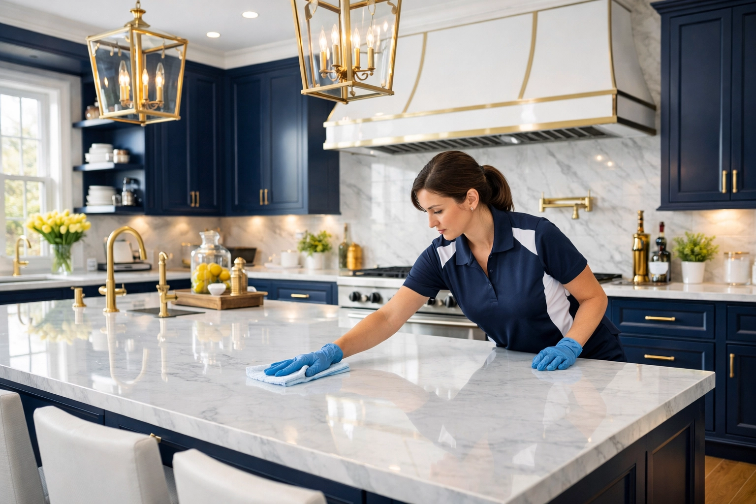 Professional residential cleaning Massachusetts expert wiping a luxury marble island in a Dover kitchen.