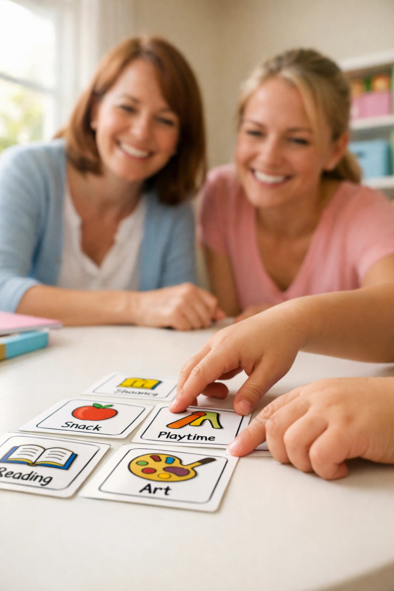 Child using visual schedules with ABA therapist and teacher support in Georgia classroom