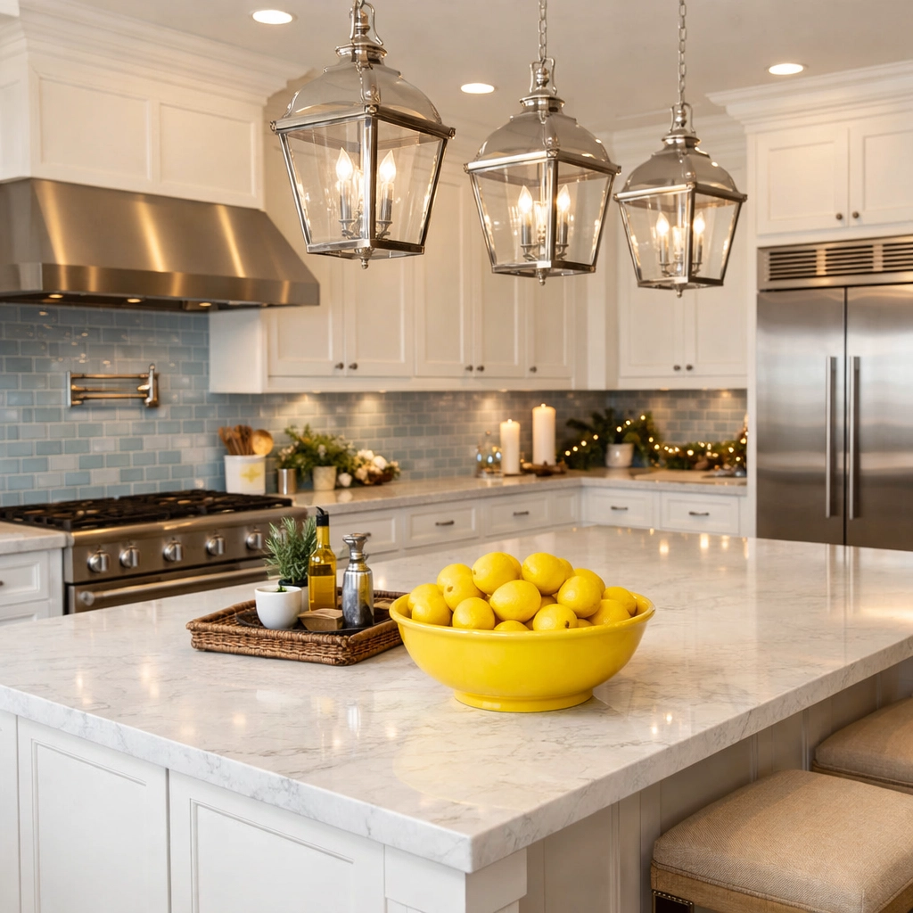 Spotless gourmet kitchen with marble countertops prepared for holiday hosting in Lunenburg.