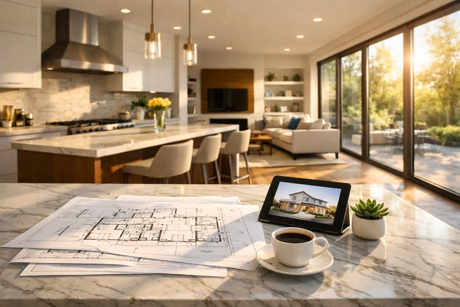 Modern kitchen renovation plans with architectural blueprints on a marble island in Burlington.