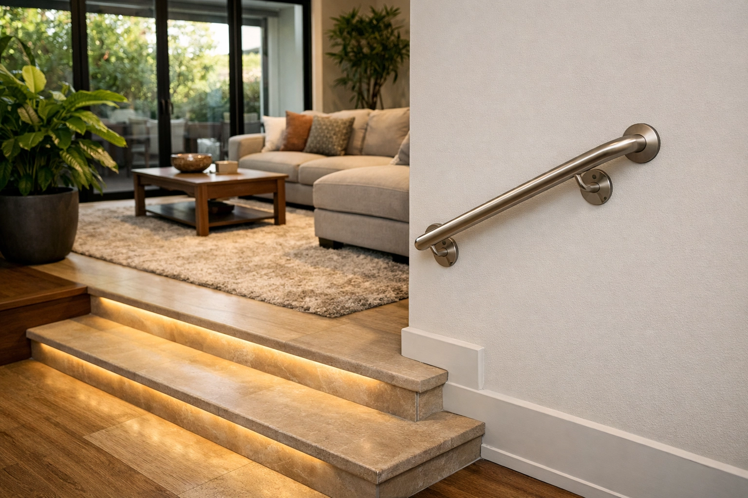 Shallow transitional living room steps featuring a brushed-nickel grab bar for safe elevation changes.
