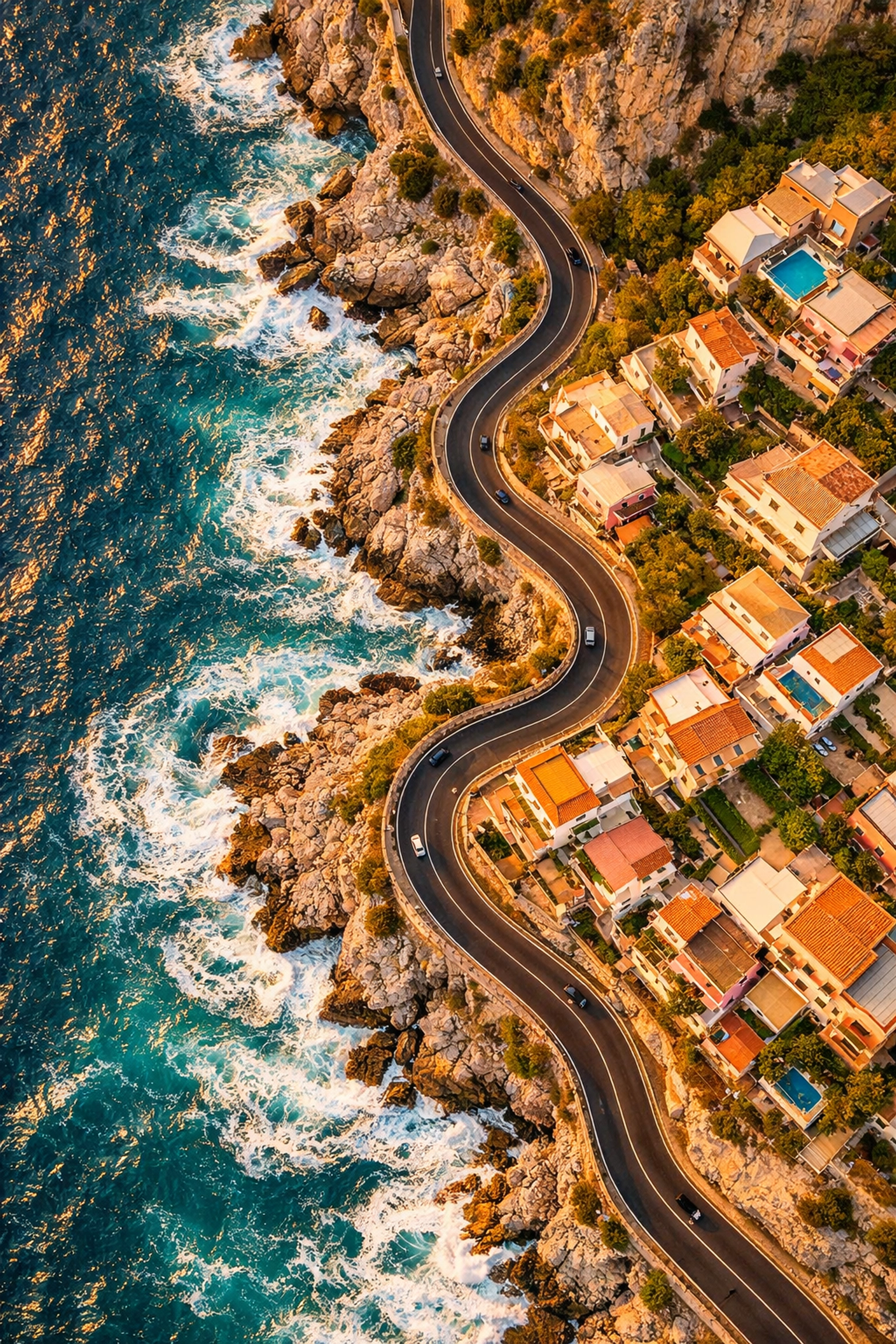 Aerial drone view of the Amalfi Coast at sunset, capturing iconic travel photography locations.