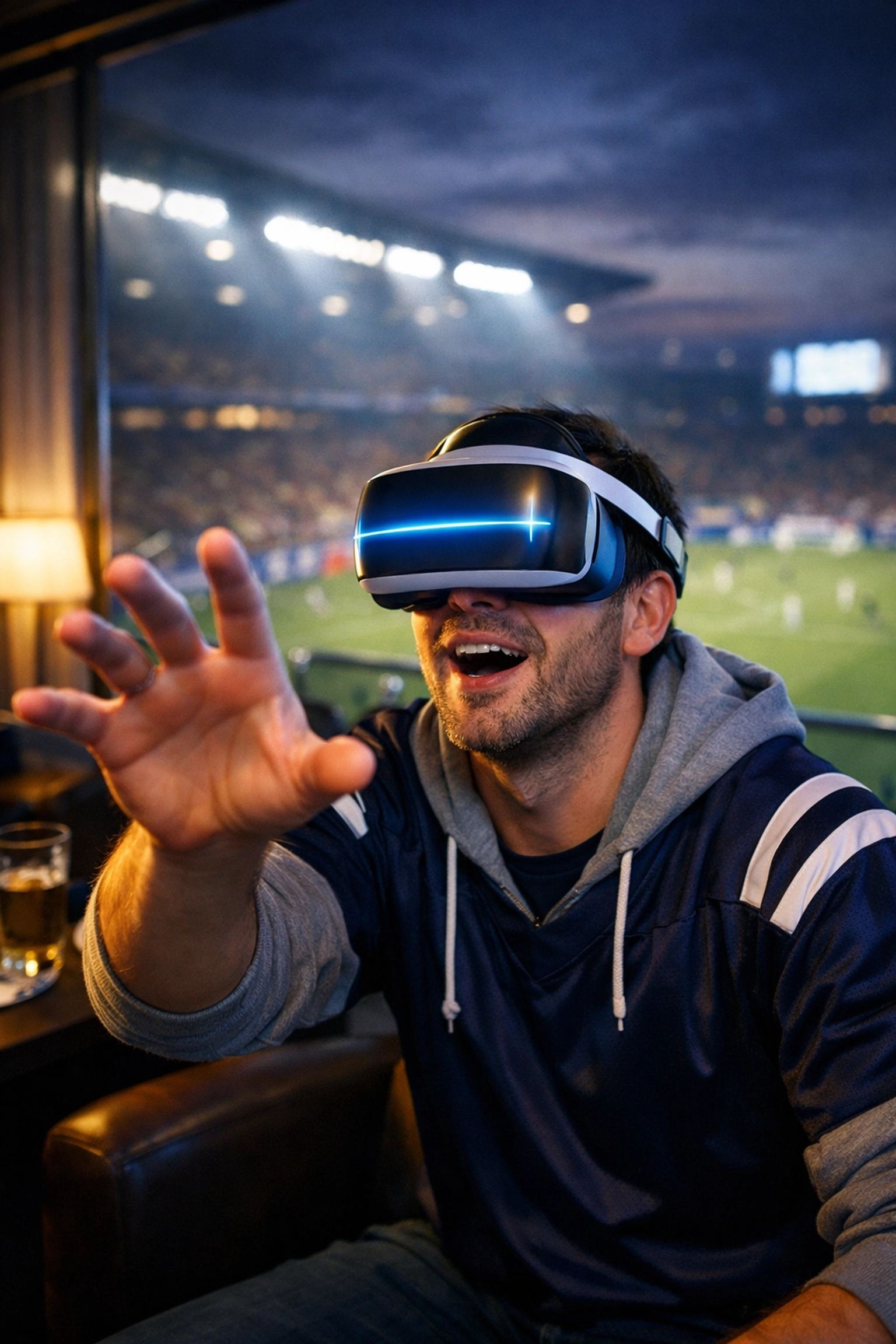 Sports fan wearing a VR headset in a stadium suite for an immersive fan engagement experience.
