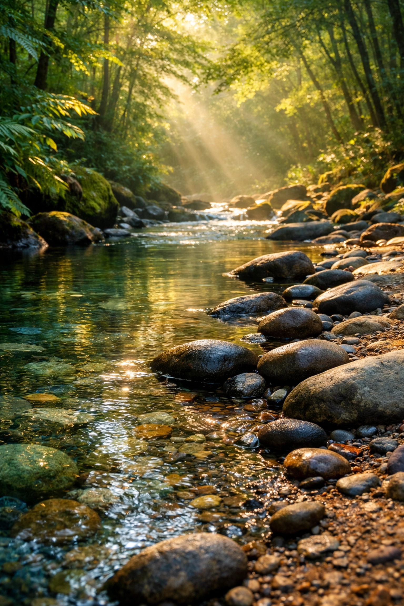 Peaceful forest stream with smooth rocks and clear water surrounded by lush green vegetation