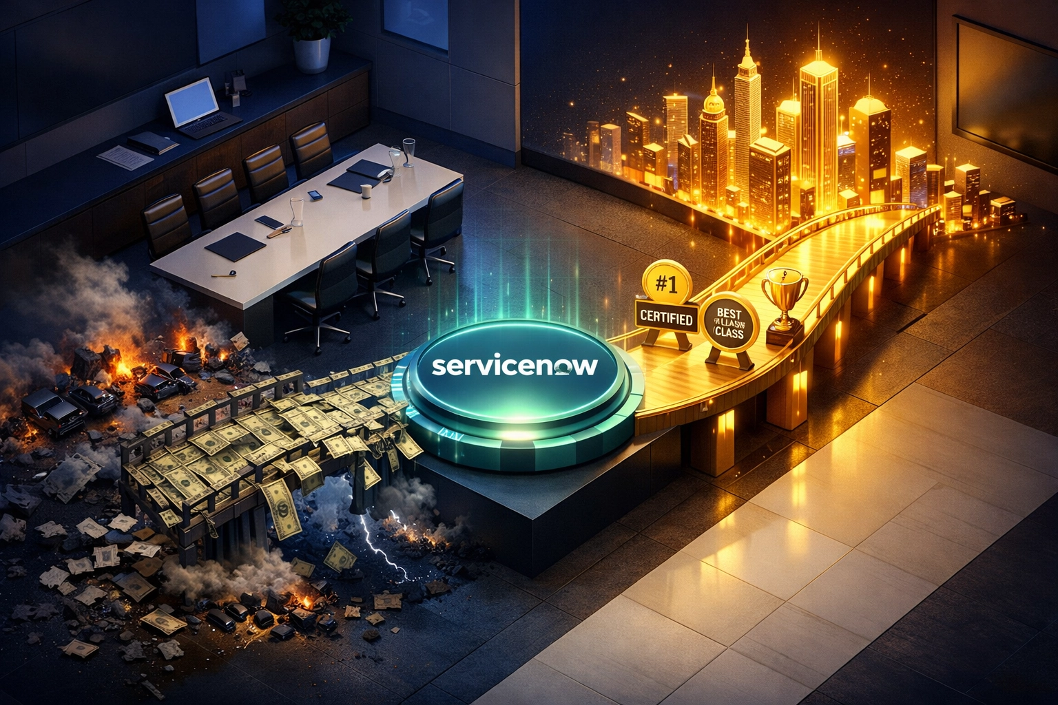 ServiceNow implementation partner decision showing cost-focused failure vs certified expertise success path