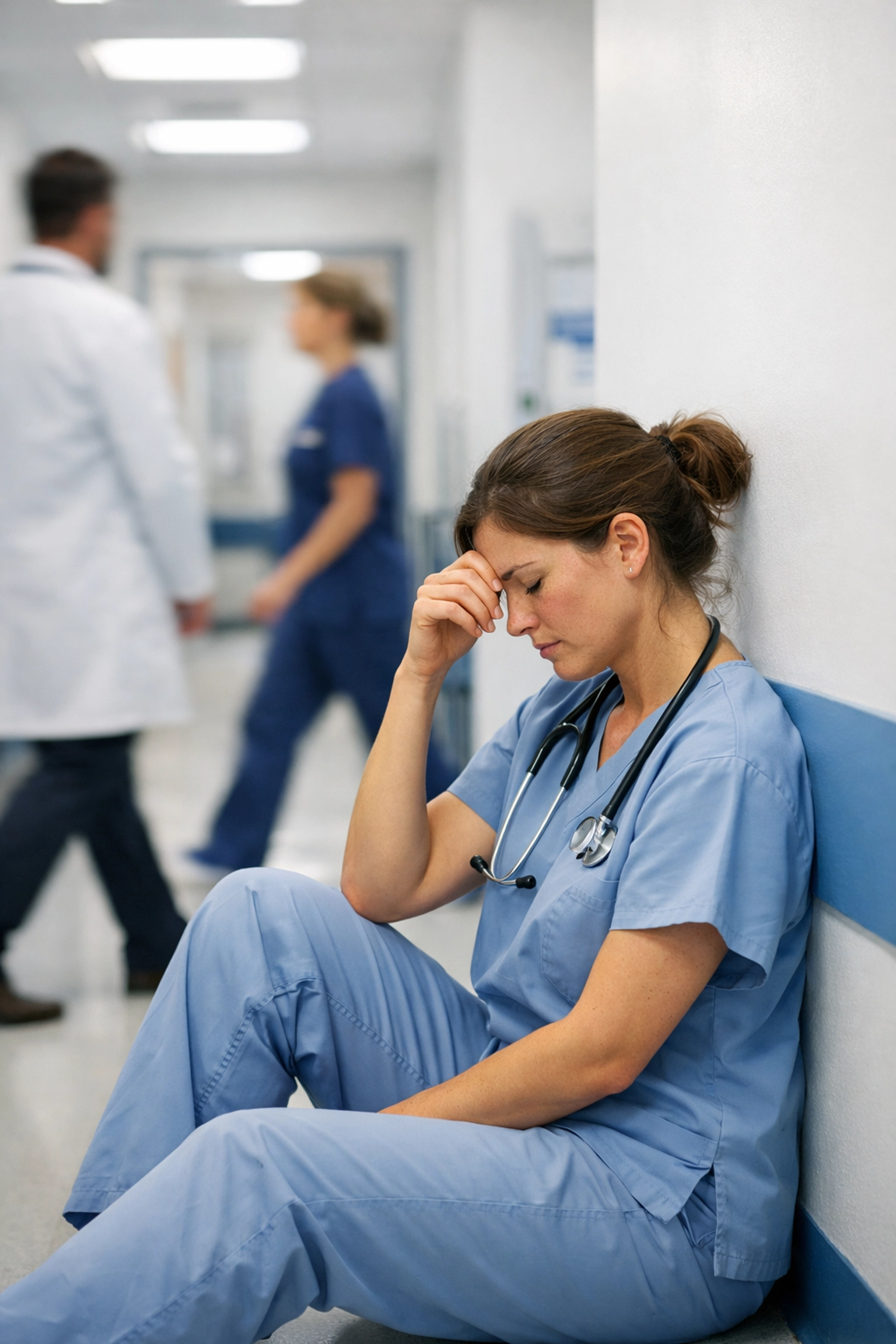 Exhausted physician in hospital hallway showing signs of burnout from covering extra shifts