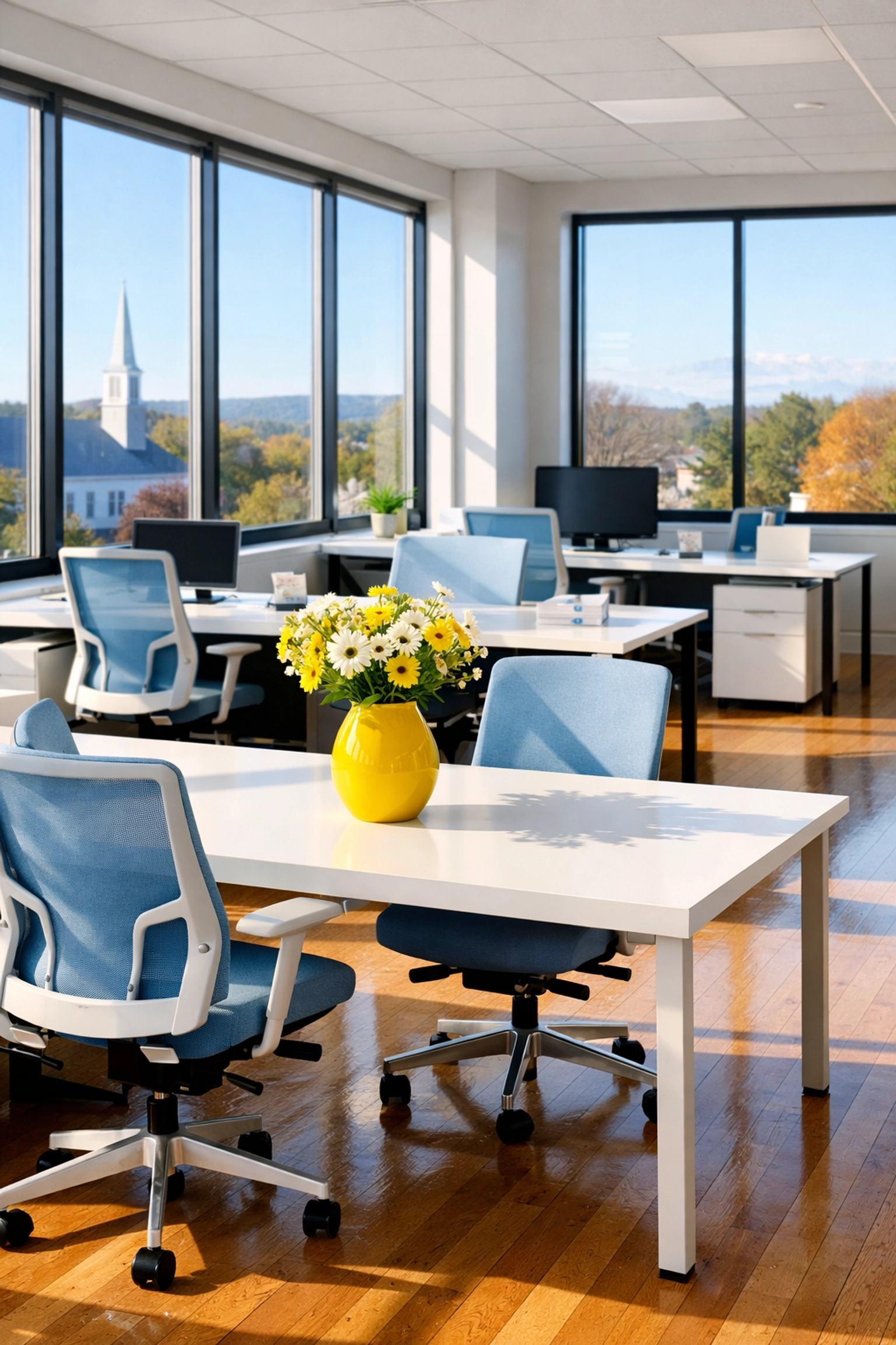 A sun-drenched modern office in Ayer showing a spotless, organized workspace for peak productivity.