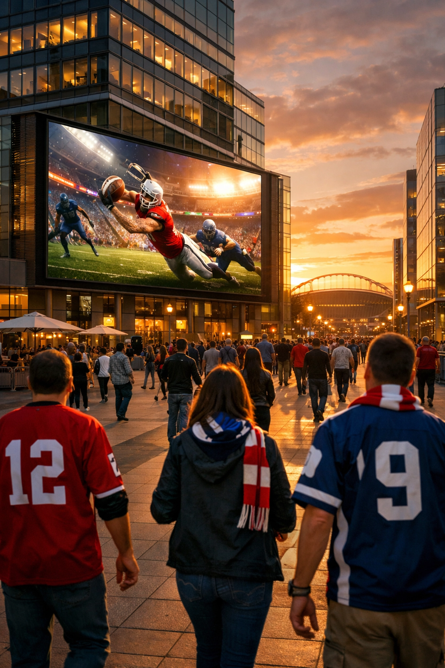 Sports fans in a city square walking past a digital out-of-home billboard displaying a game.