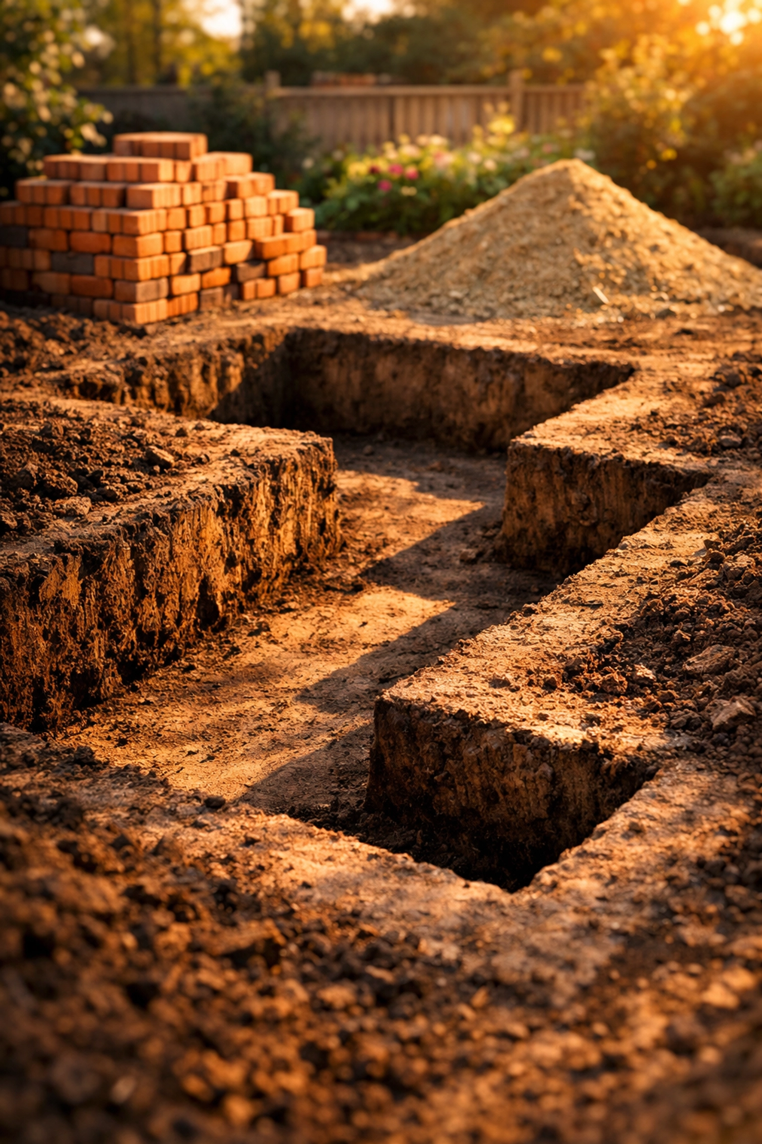 Excavated foundation trench in a residential garden for a West Sussex home extension project.
