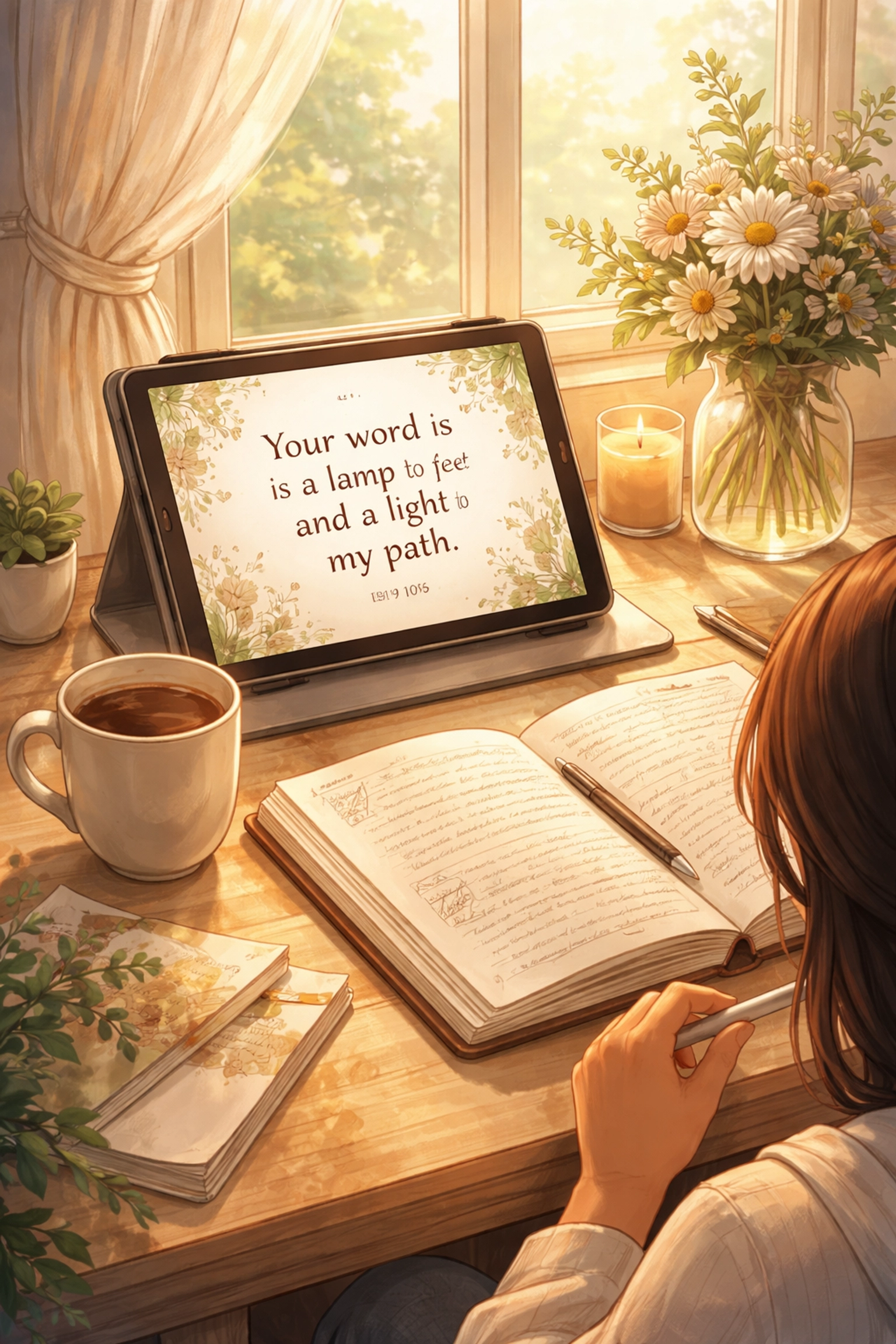 A person using a tablet for Bible study in a cozy morning setting, highlighting AI's role in personal spiritual growth and devotional life.