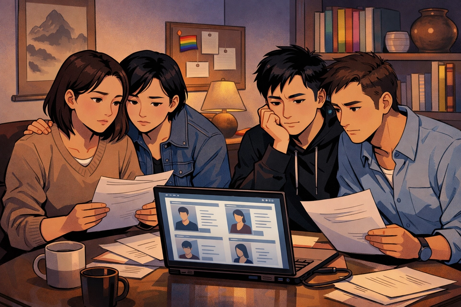 Gay men and lesbians planning xinghun arrangement details together in modern Chinese apartment