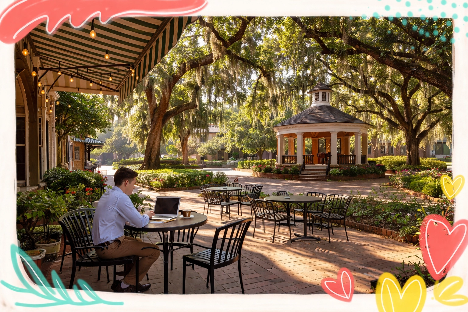 A professional working at an outdoor café in historic Marietta Square, ideal for remote workers seeking vibrant community spaces.