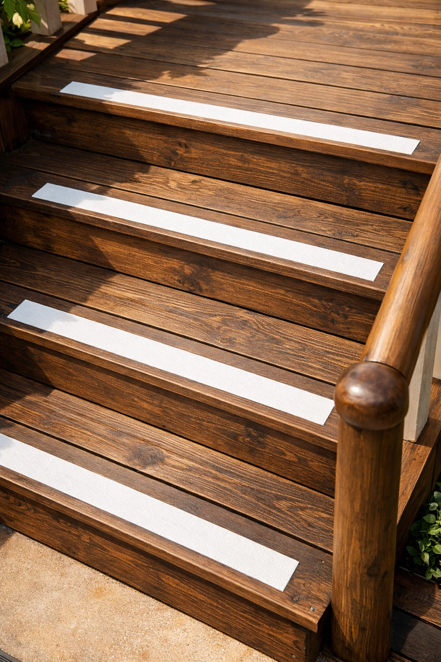 Wooden porch steps featuring high-contrast white anti-slip safety strips for better stair visibility.