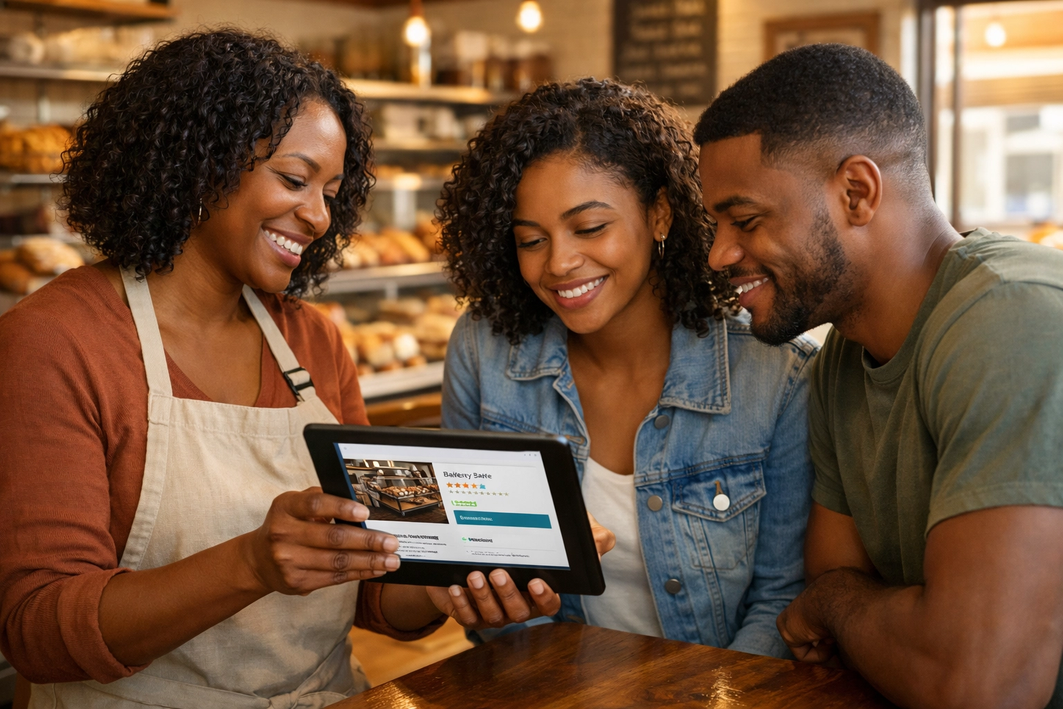 Local business owner using a digital directory to boost local spending impact and community wealth.