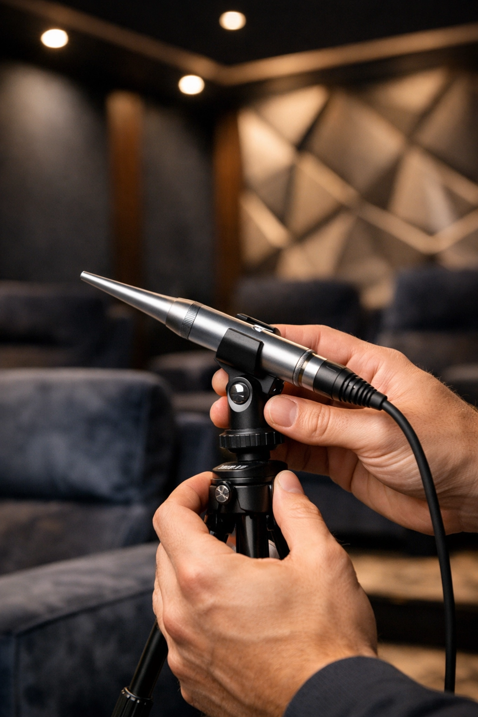 Professional acoustic calibration microphone setup for tuning a high-end home theater system.