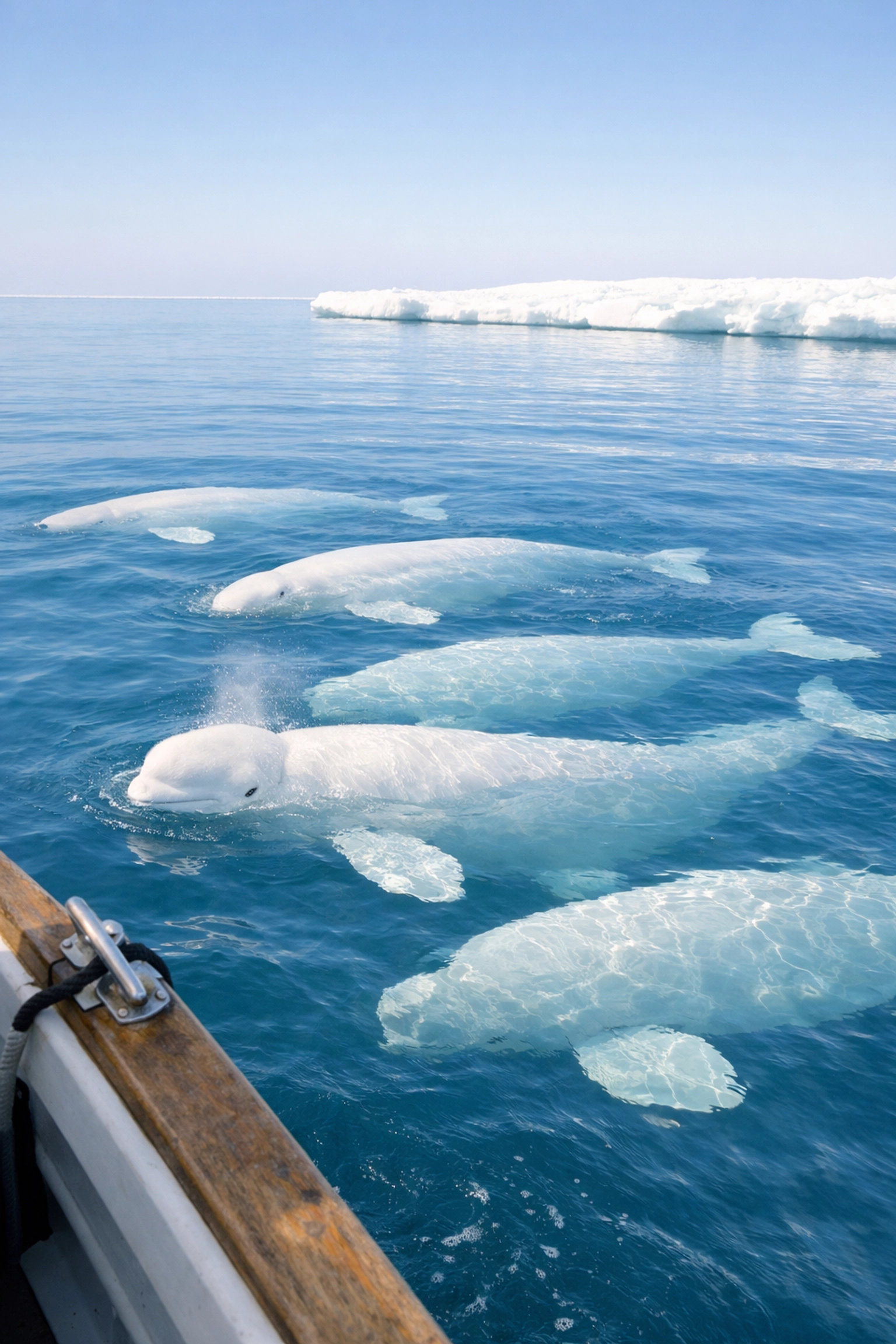 White beluga whales swimming in clear blue water during a luxury Arctic scuba diving expedition.