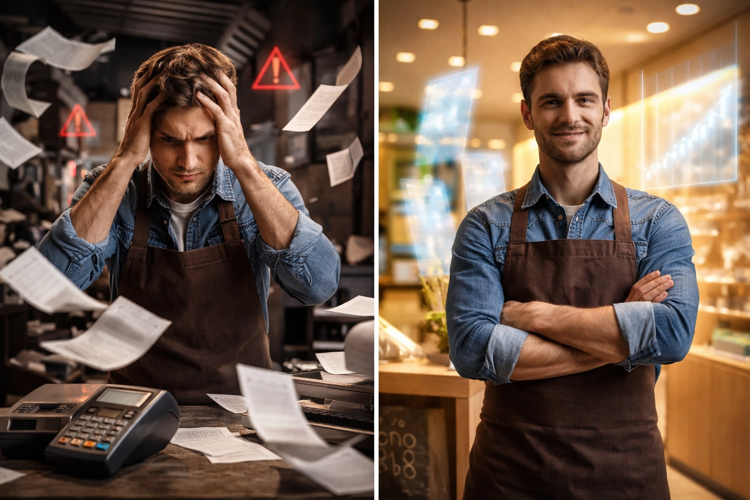 Split image of a merchant's struggle with traditional receipts versus seamless NFT receipts and graphs, showing the advantages of Larecoin over standard crypto POS systems.