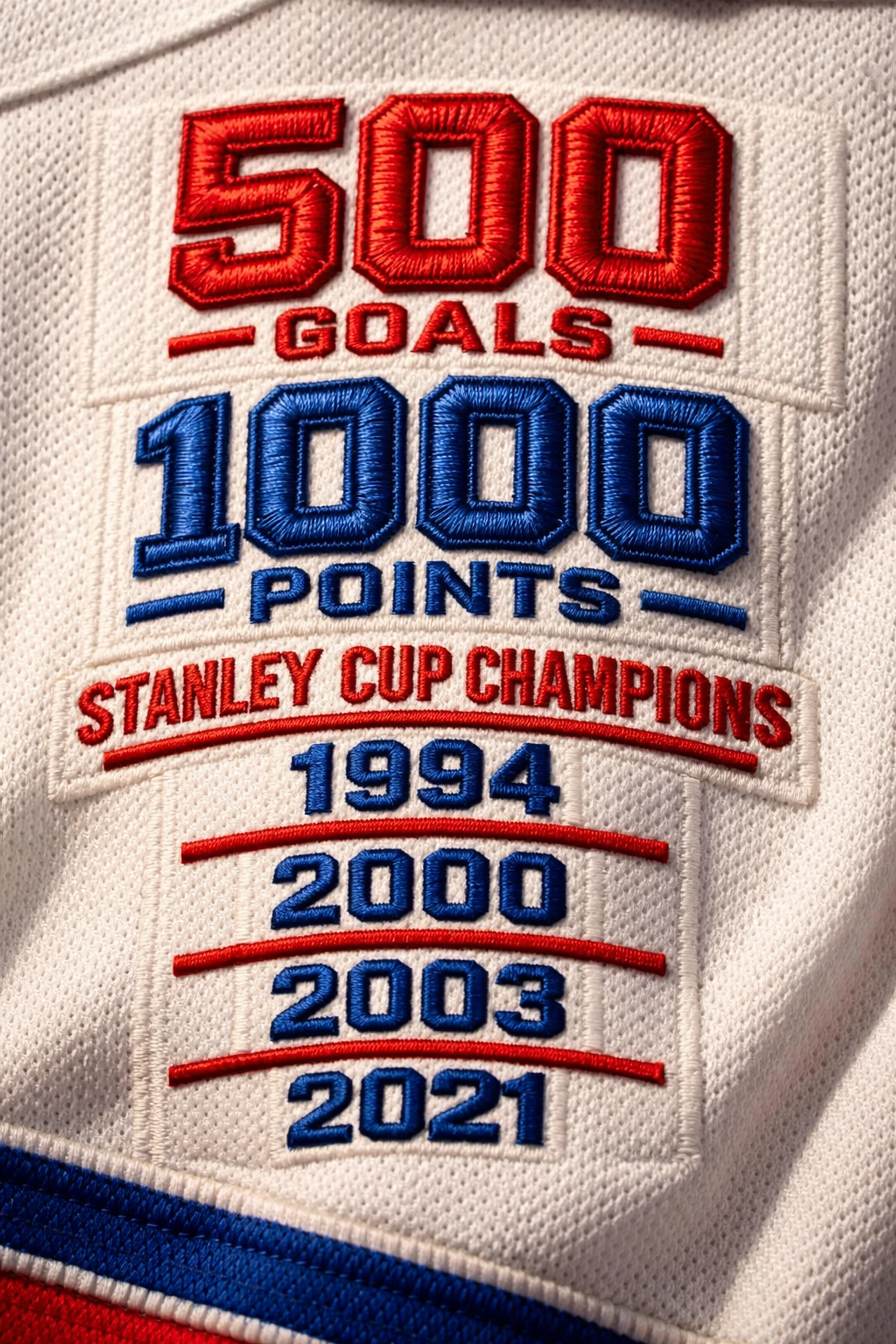 Intricate 3D embroidery detailing career stats and milestones on a custom NHL career jersey.