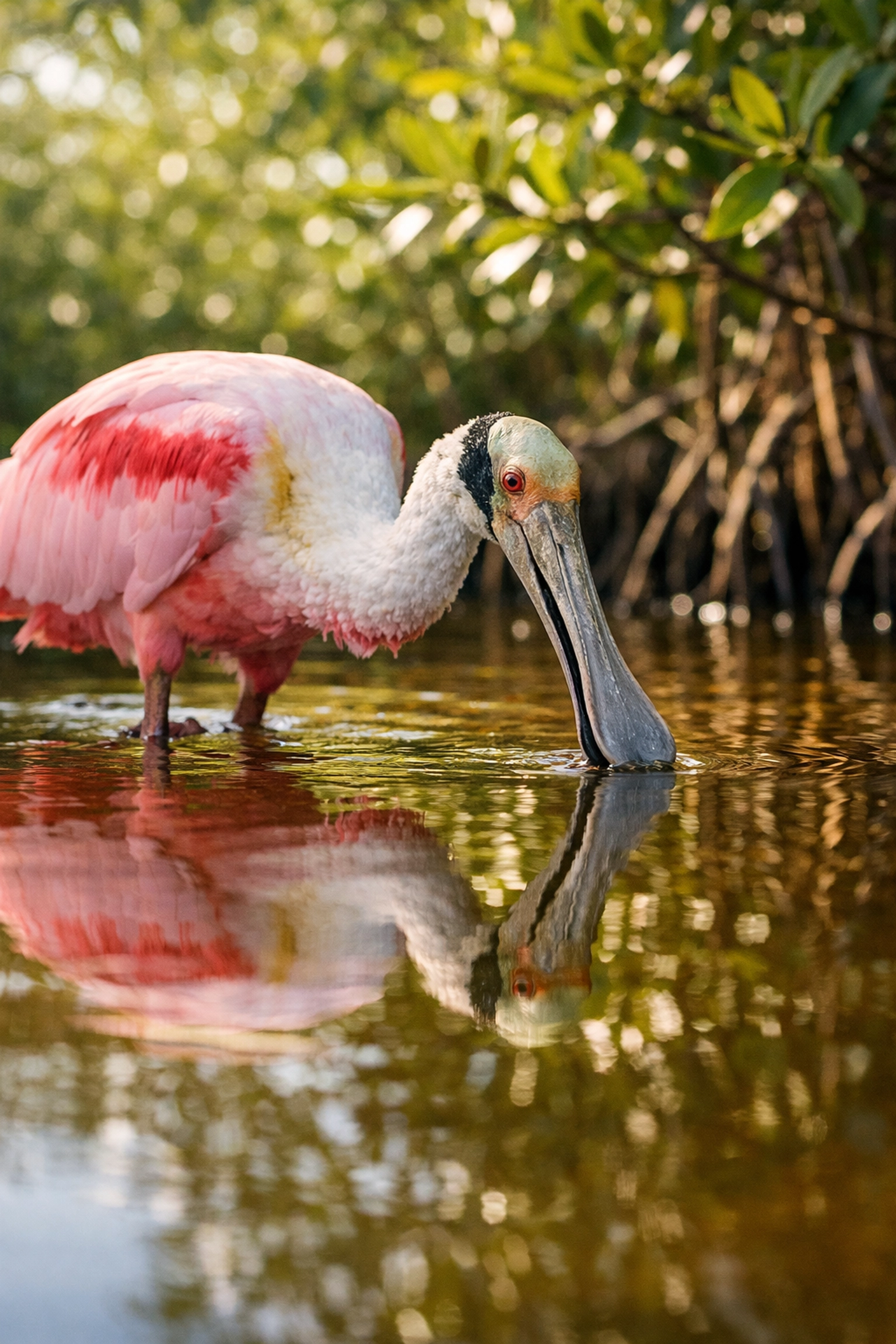 Roseate Spoonbill wading in the water at Nine Mile Pond, captured during an Everglades bird photography tour.