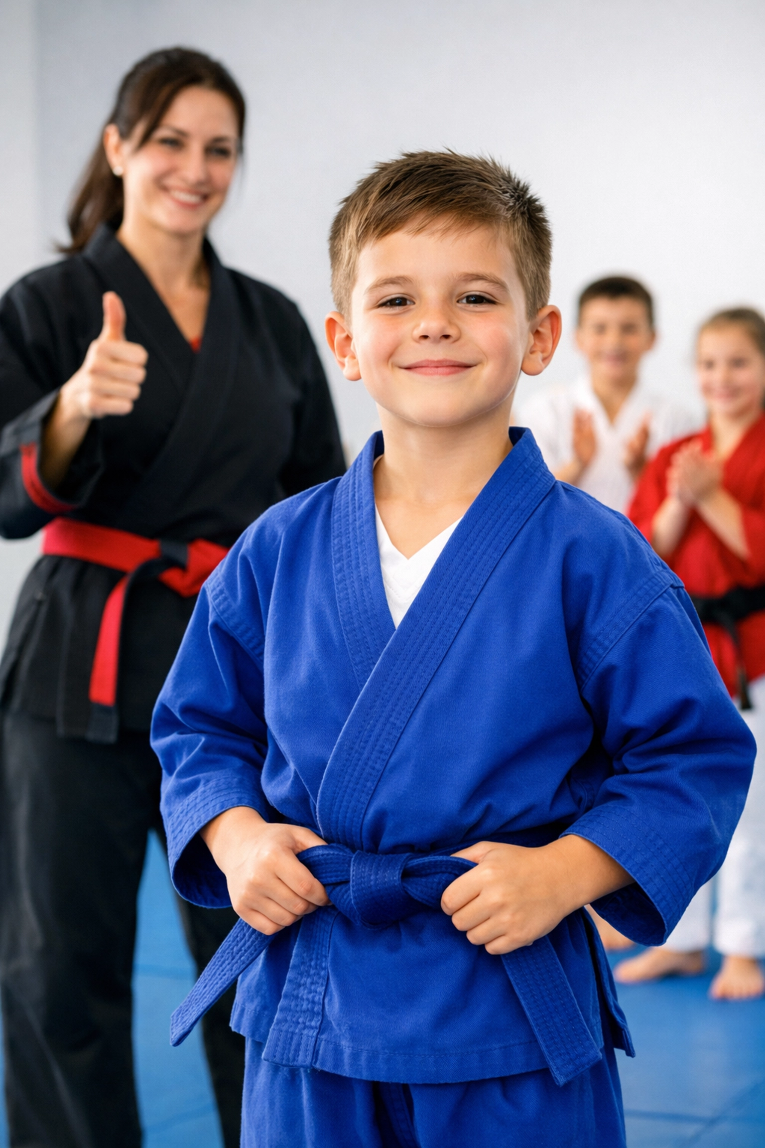 A confident young student smiling after achieving a goal in their kids martial arts class.