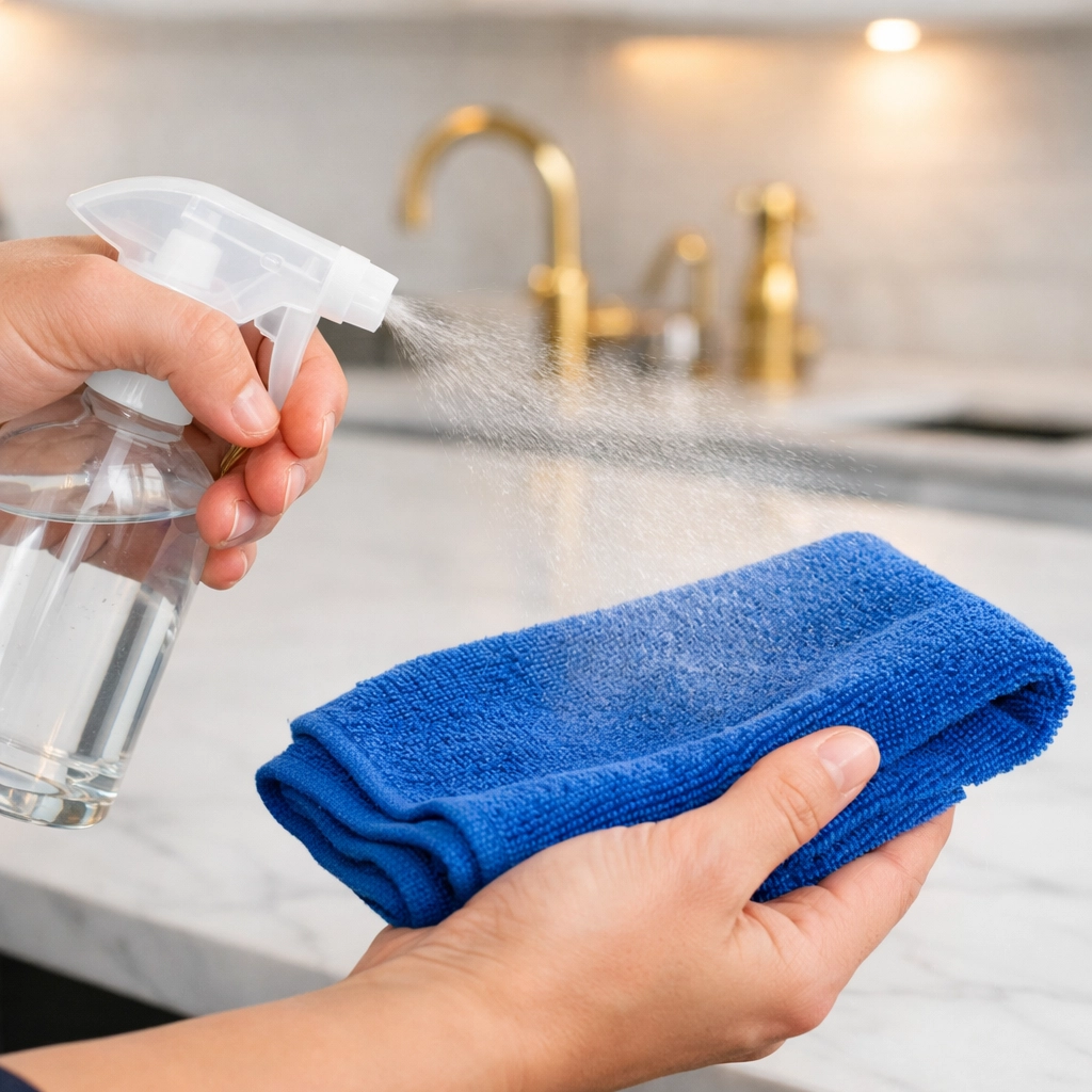 Professional cleaner using eco-friendly spray on a microfiber cloth in a luxury Acton home kitchen.