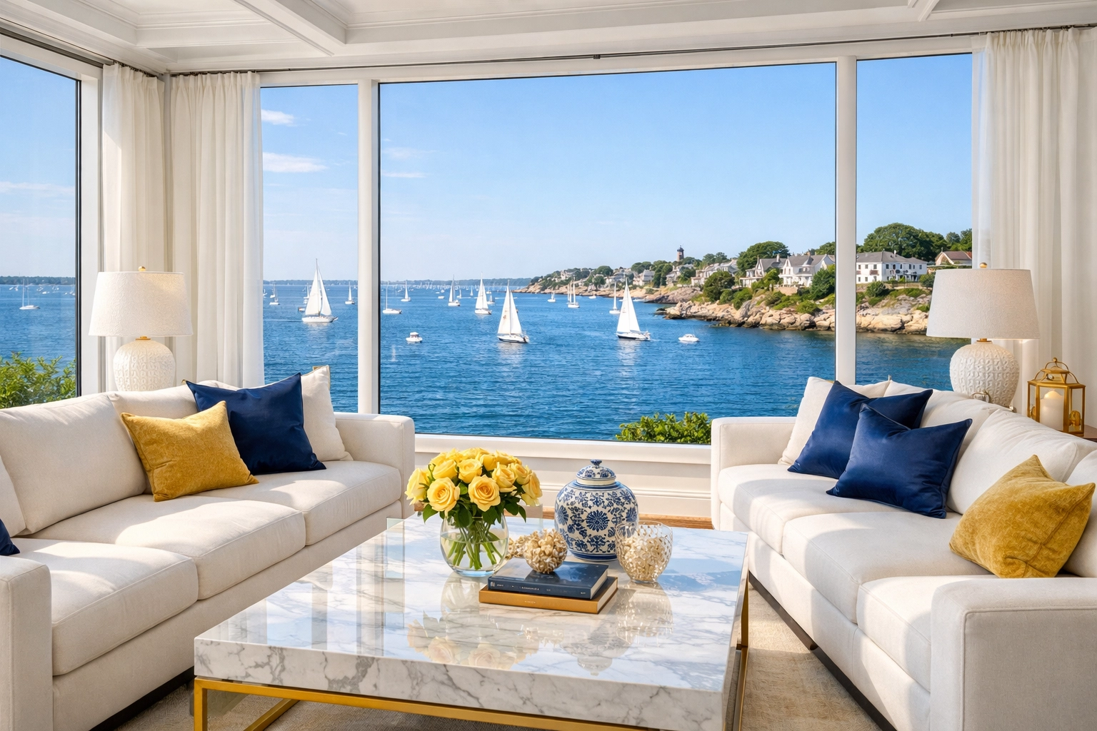 Spotless coastal living room with a view of Marblehead Harbor, showcasing expert luxury house cleaning in Marblehead.