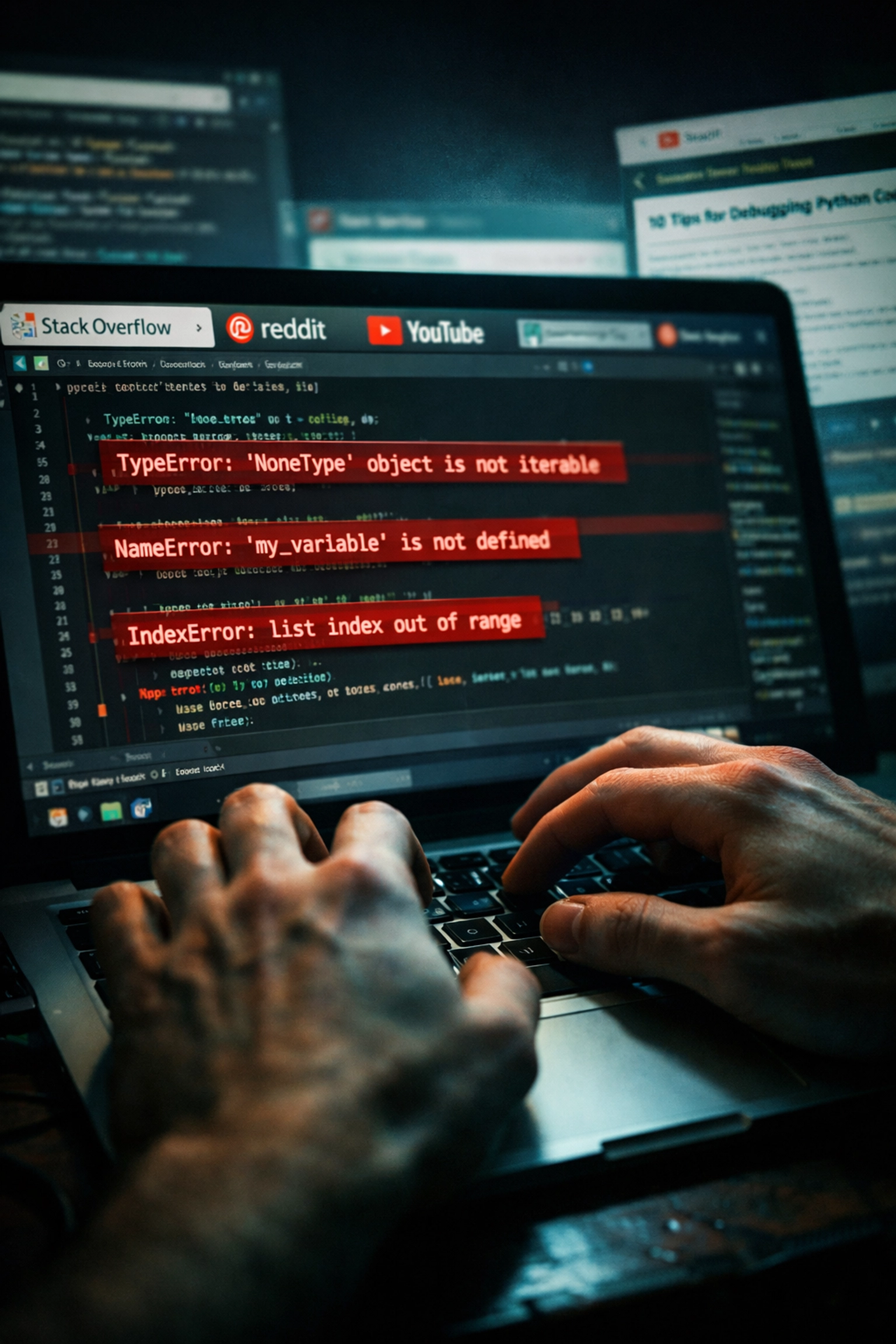 Python programmer stuck debugging code with multiple browser tabs and error messages on screen