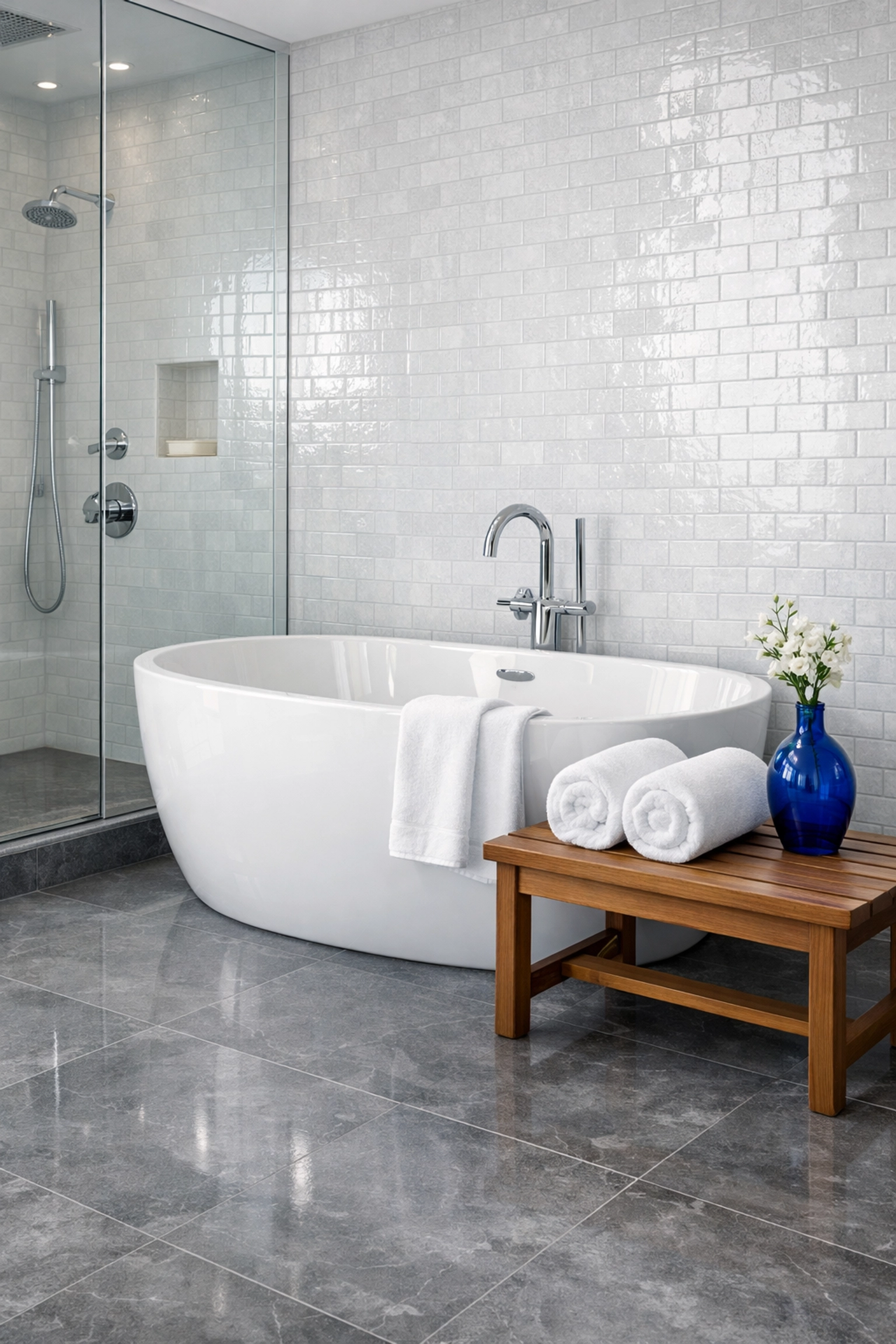 A sparkling clean luxury master bathroom in Bolton featuring polished stone tile floors.