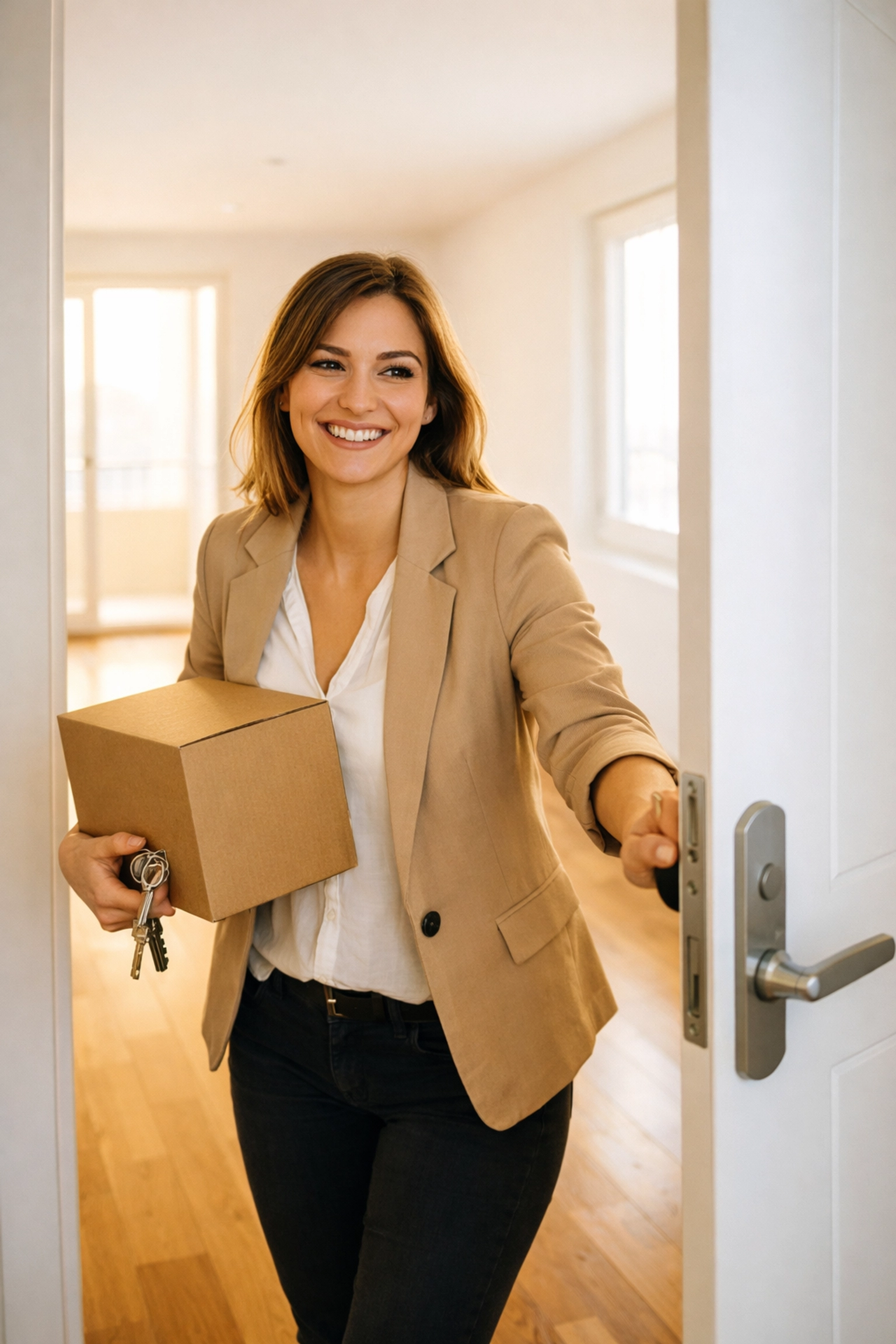 A happy new tenant holding keys and moving into a professionally cleaned and ready rental apartment.