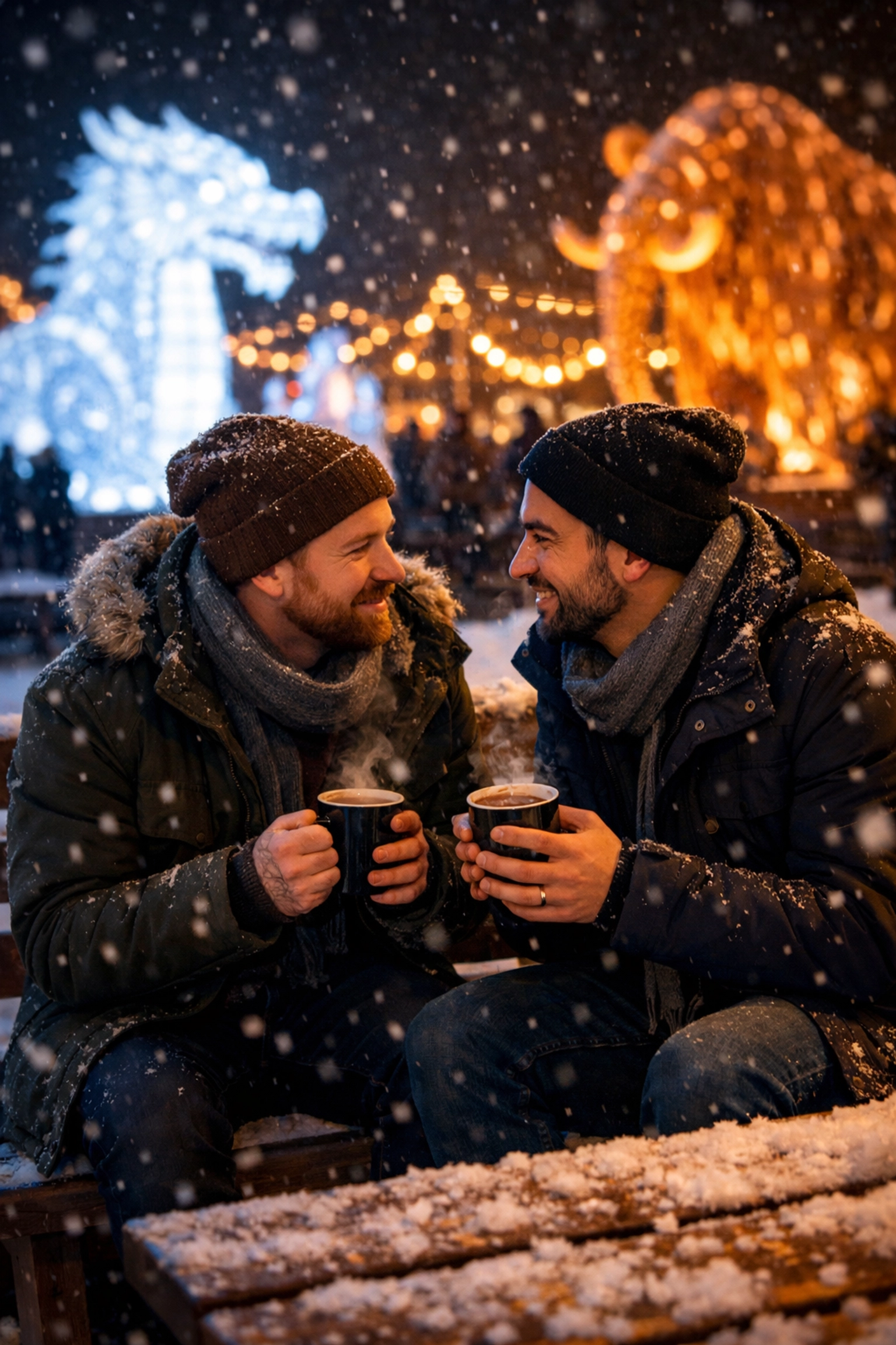 Gay couple sharing hot chocolate at winter festival in Edmonton with glowing lights