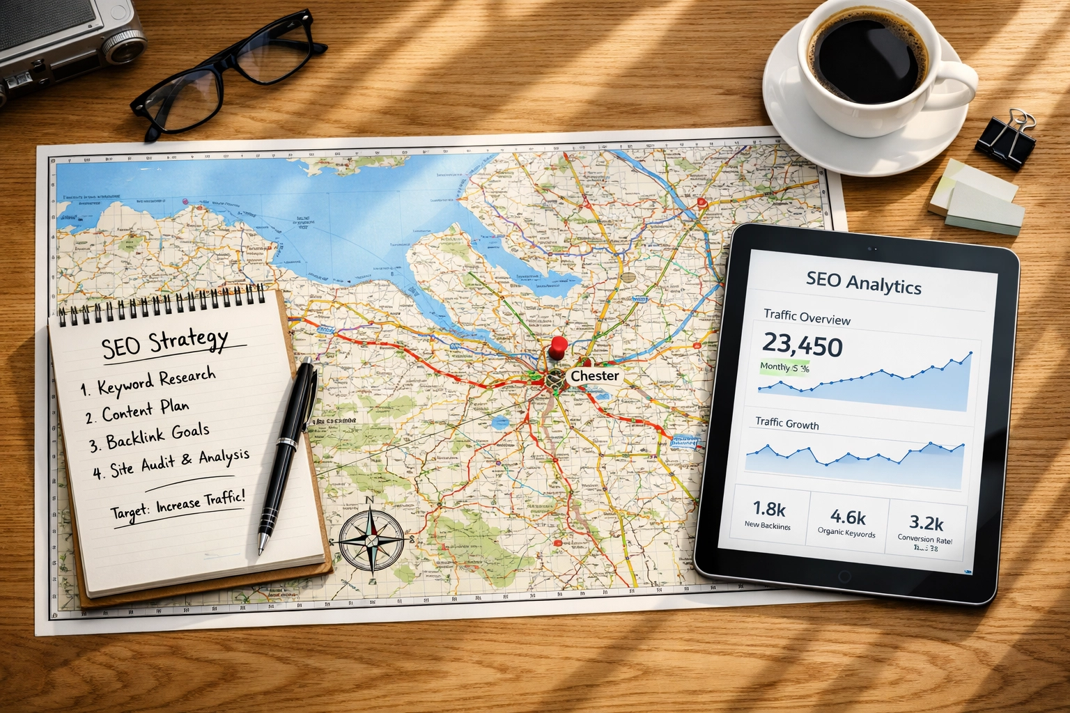 Local SEO strategist workspace with a map of Chester and North Wales showing data analytics.