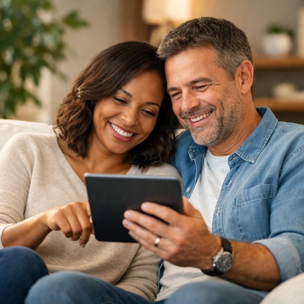 A happy couple manages their finances and bad credit loans in Canada using a digital tablet at home.