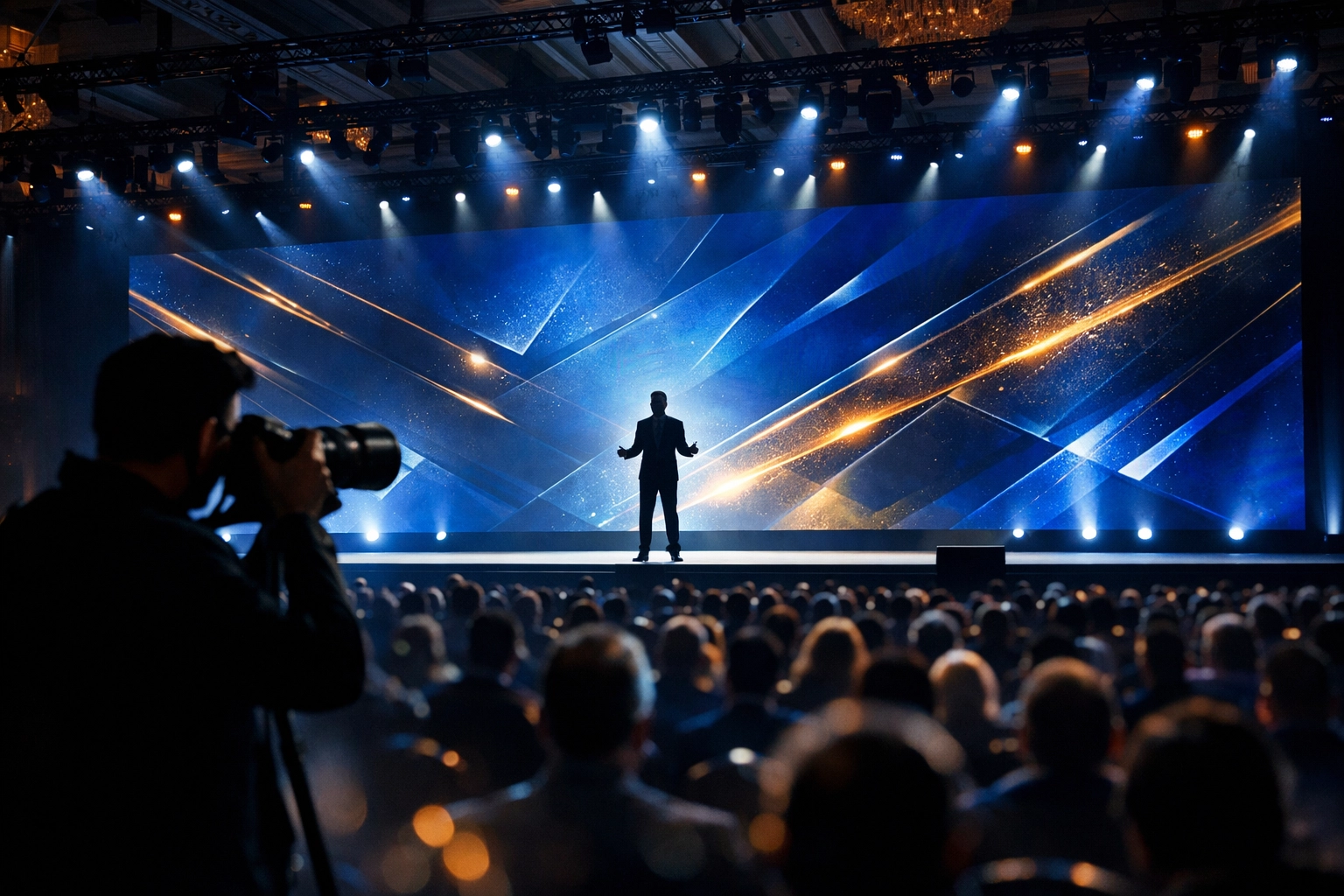 A Las Vegas conference photographer capturing a keynote speaker on stage in a grand ballroom.