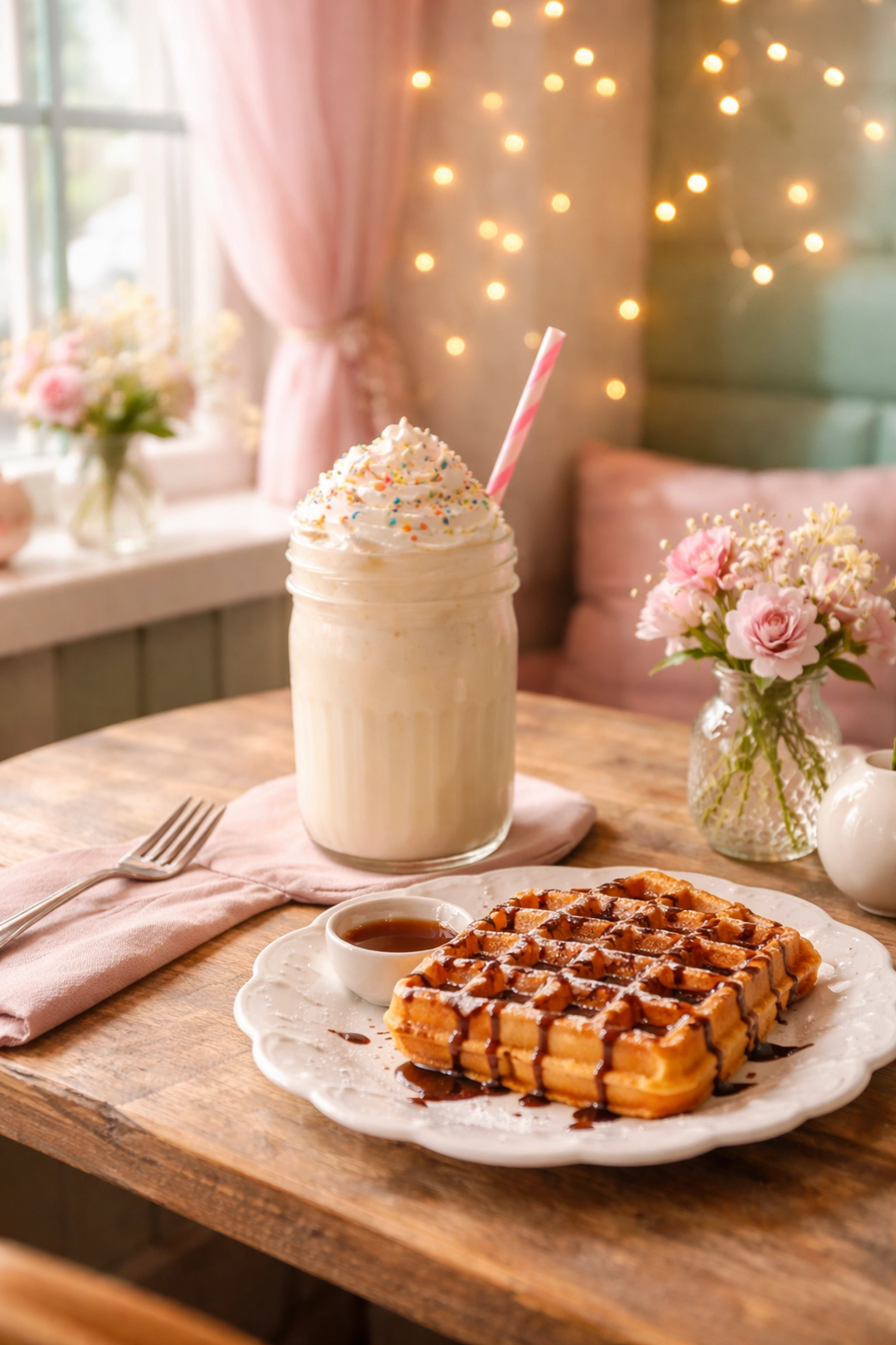 Cozy cafe table at Little Dreams Cafe with a thick milkshake and golden waffle in Felixstowe