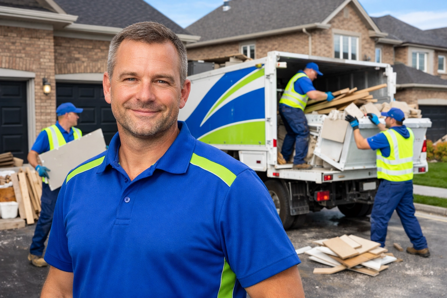 Professional construction site clean-up in Bradford featuring the Junk GTA team hauling away renovation waste.