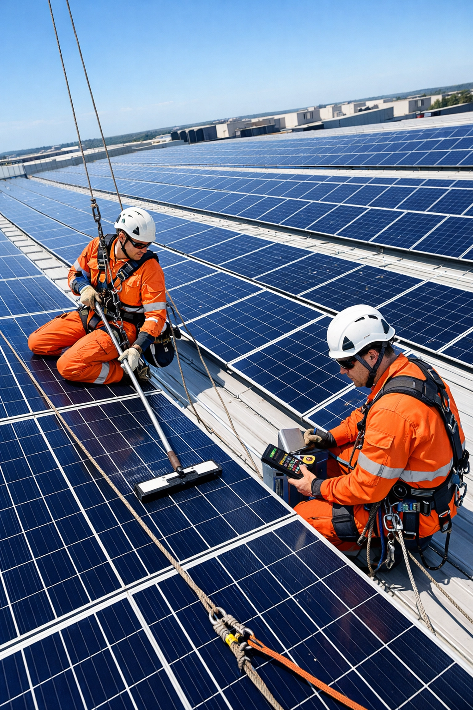 Rope access technicians maintaining commercial solar panels on industrial rooftop installation