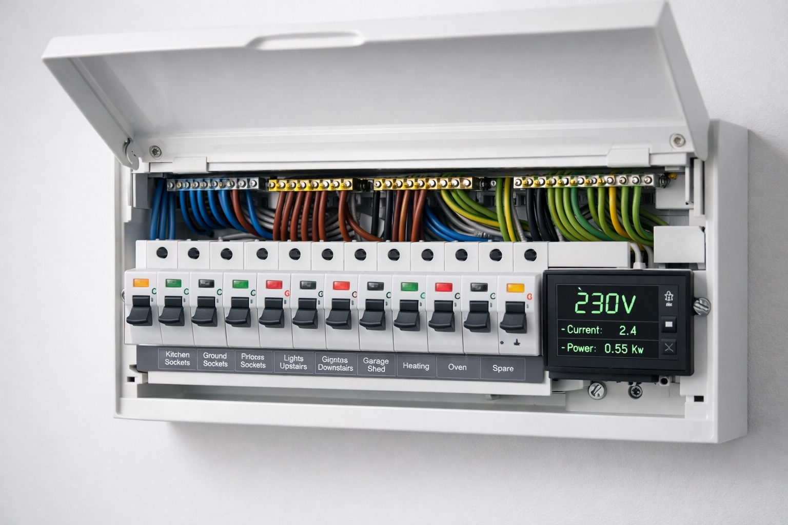 Modern consumer unit with energy monitoring display installed by electrician in Dorset
