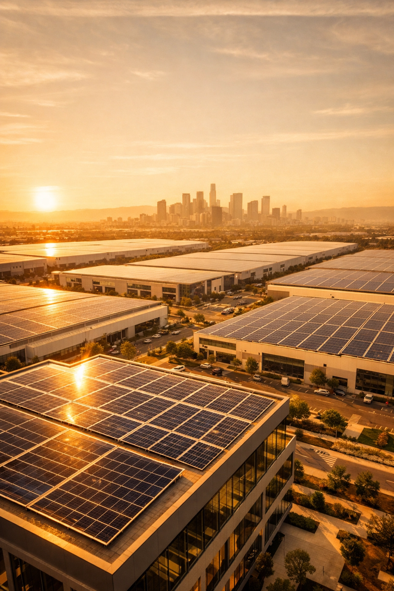 Commercial rooftop solar panels on an office complex at sunset to increase net operating income and asset value.