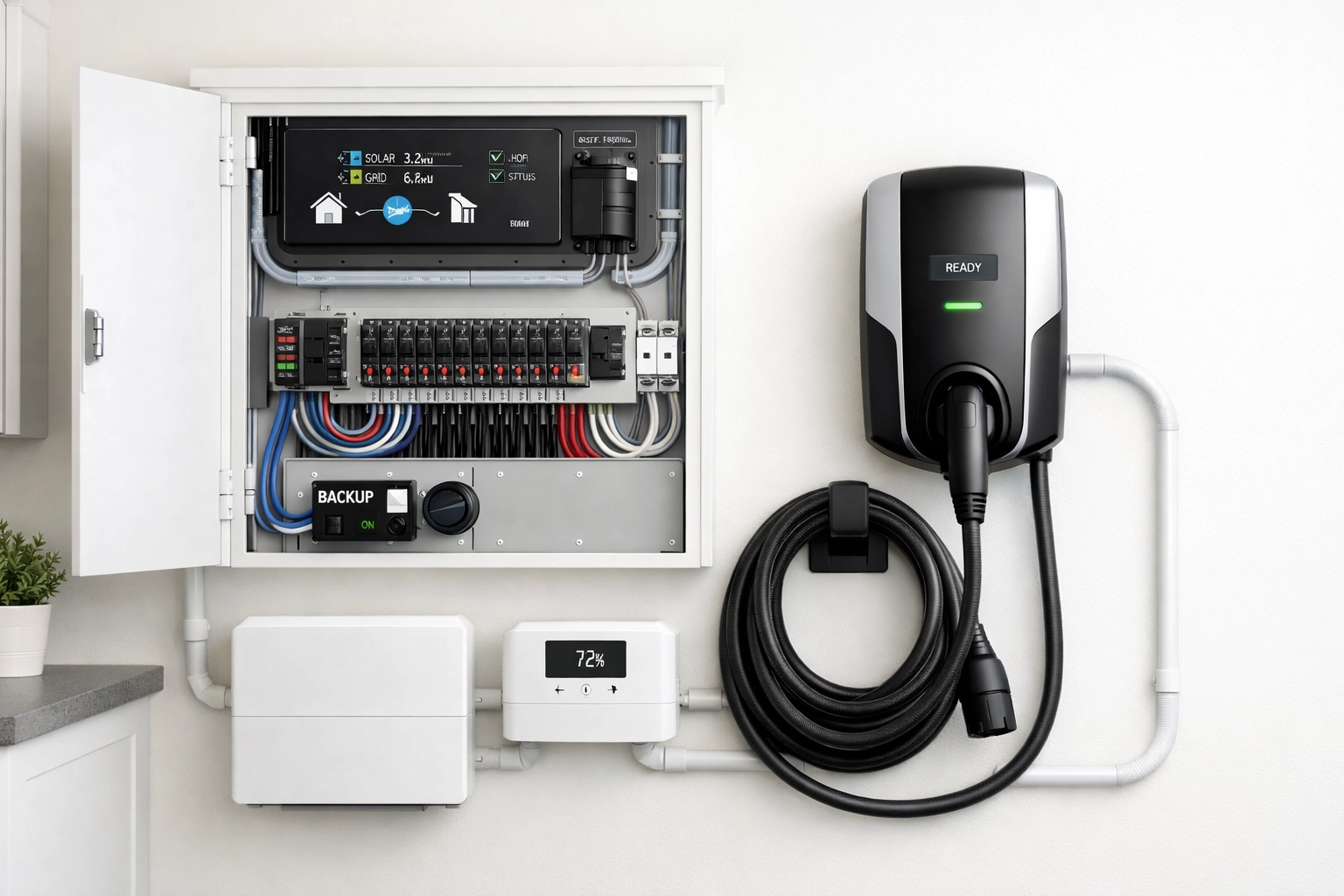 Professional installation of a smart electrical panel and EV charging station with expert wiring in Maine.