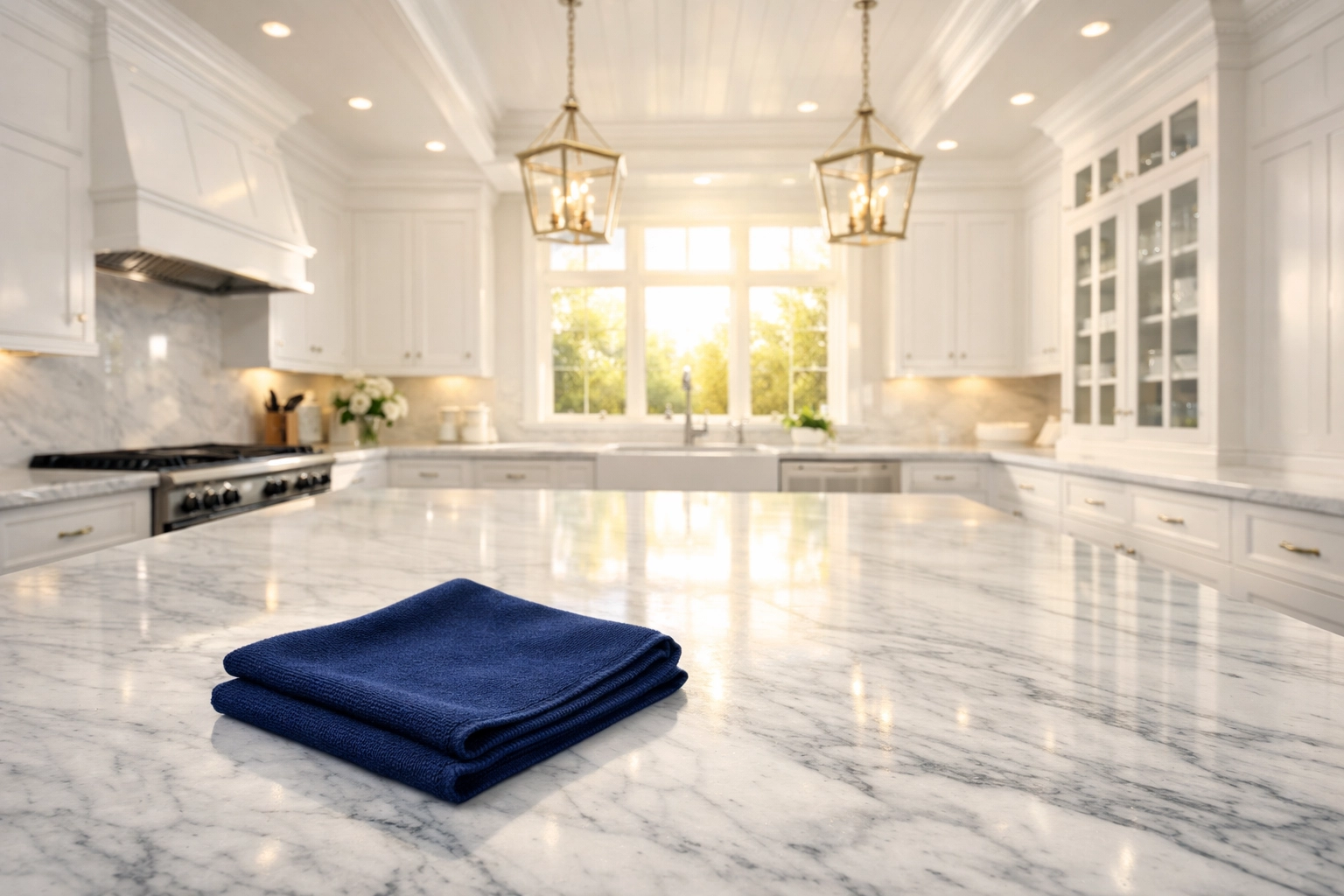 Pristine Dover kitchen with marble counters showing professional residential cleaning Massachusetts top-down results.