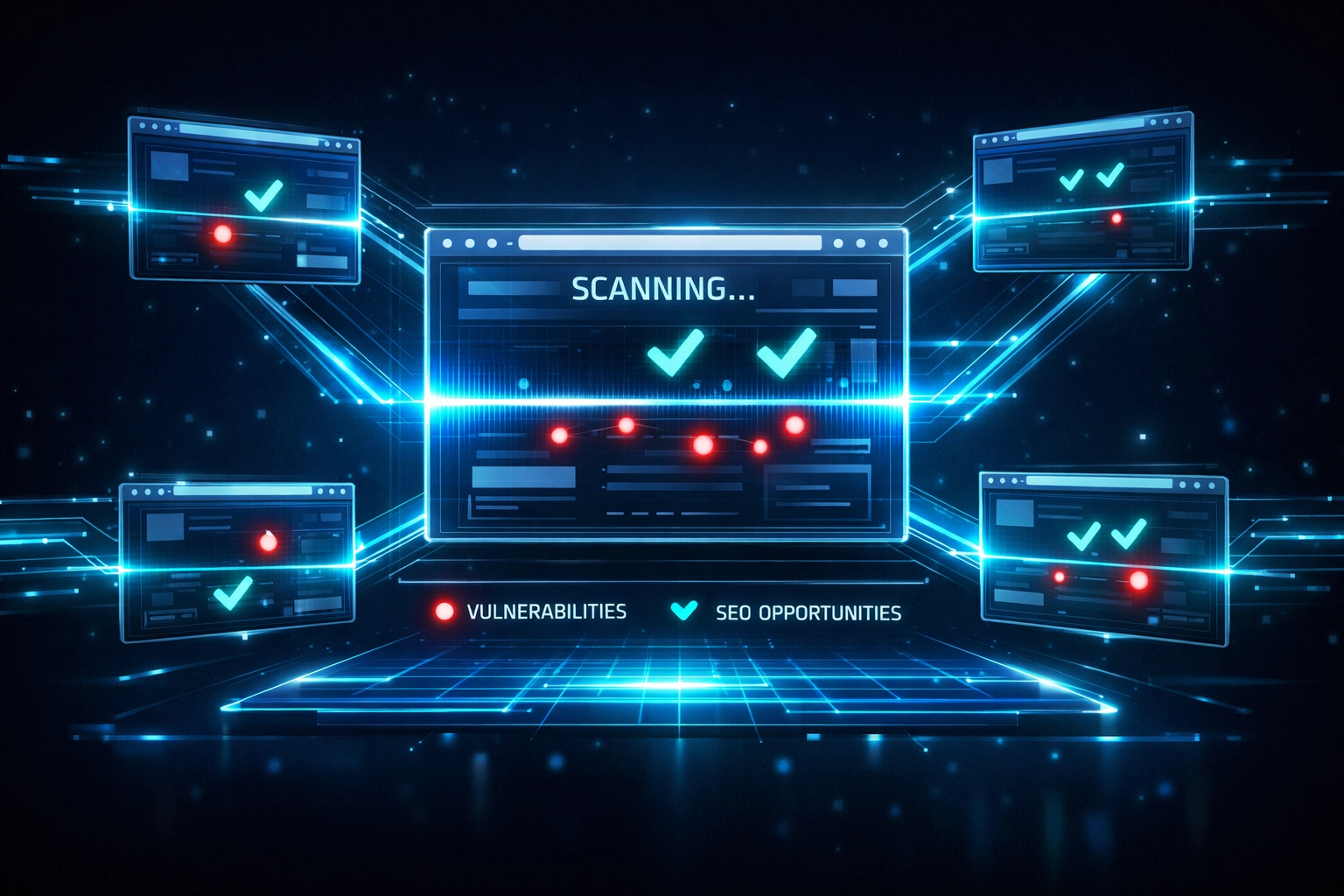 AI-powered page analysis dashboard scanning web pages for SEO issues and security vulnerabilities