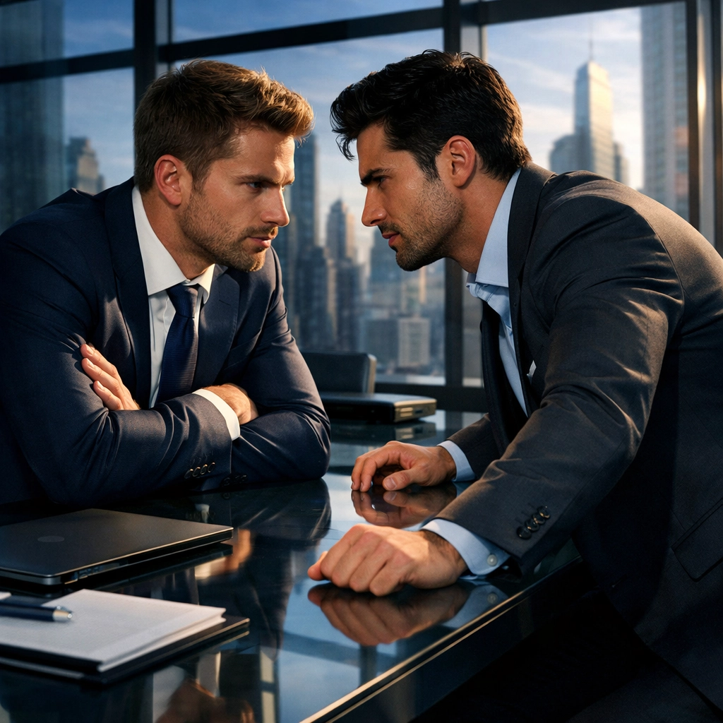 Professional men sharing intense moment across office desk depicting workplace MM romance tension