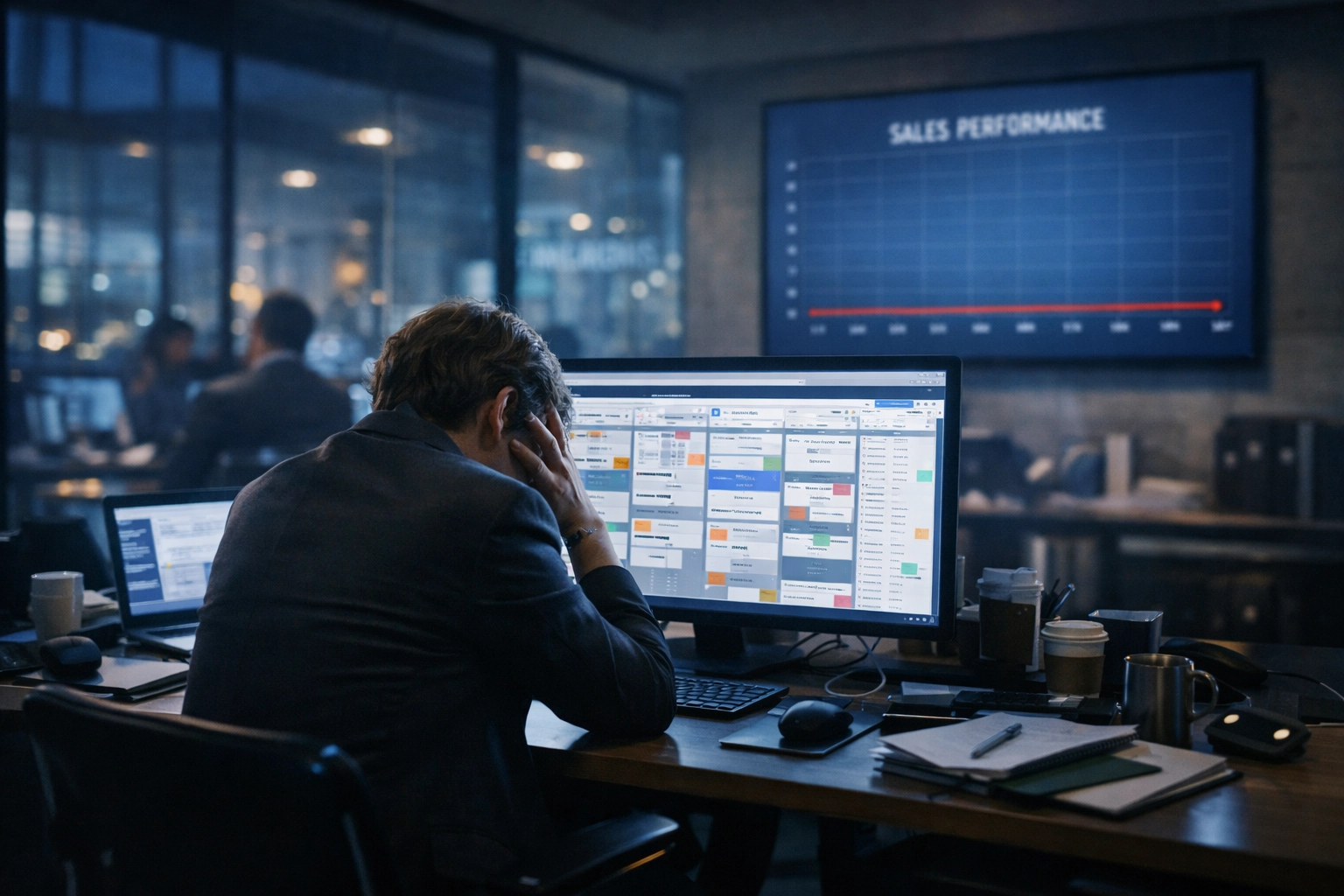 Exhausted marketing director at desk representing the checklist marketing trap and low MQL conversion.