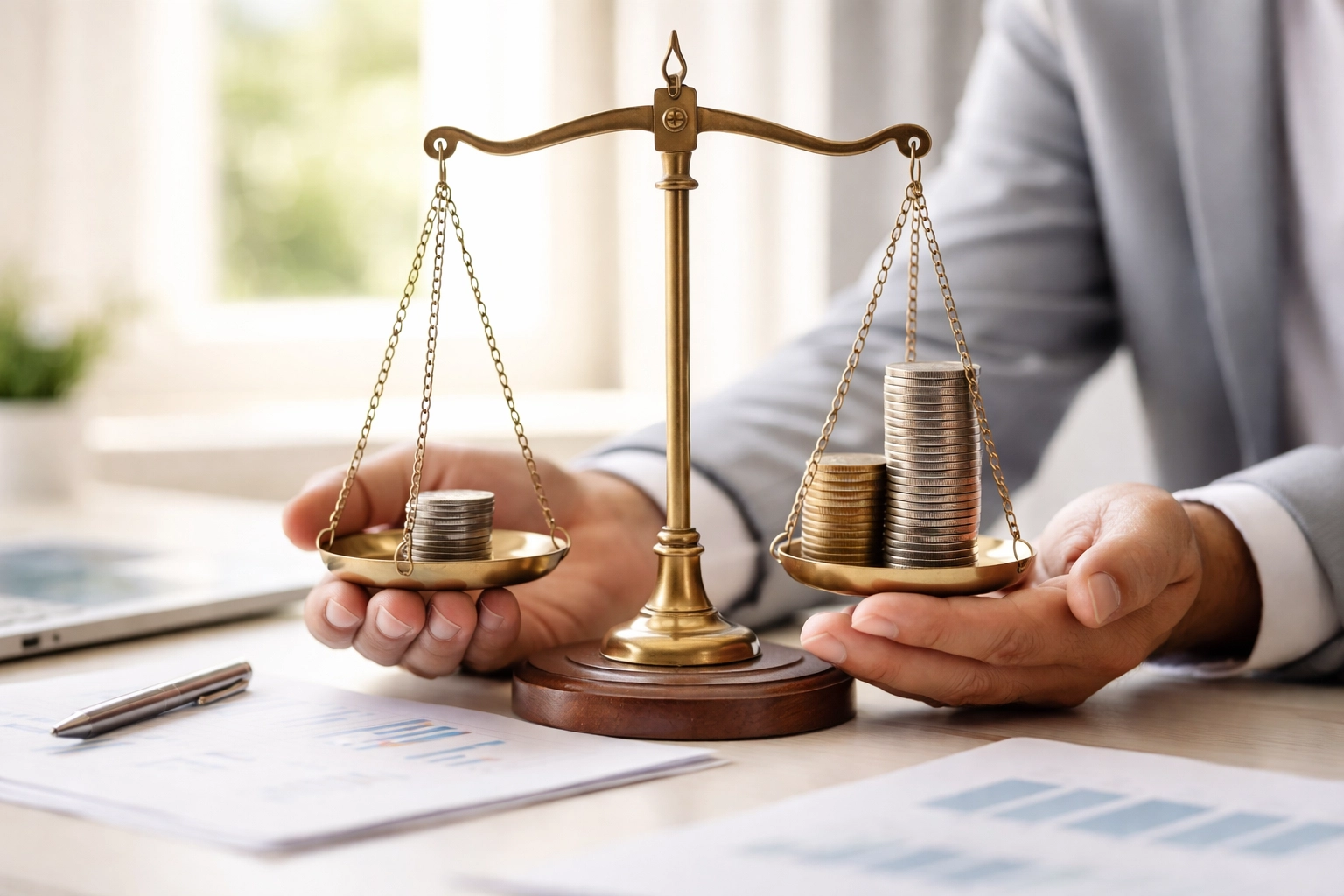 Hands holding balance scale with coins, illustrating tax debt reduction options in an office setting