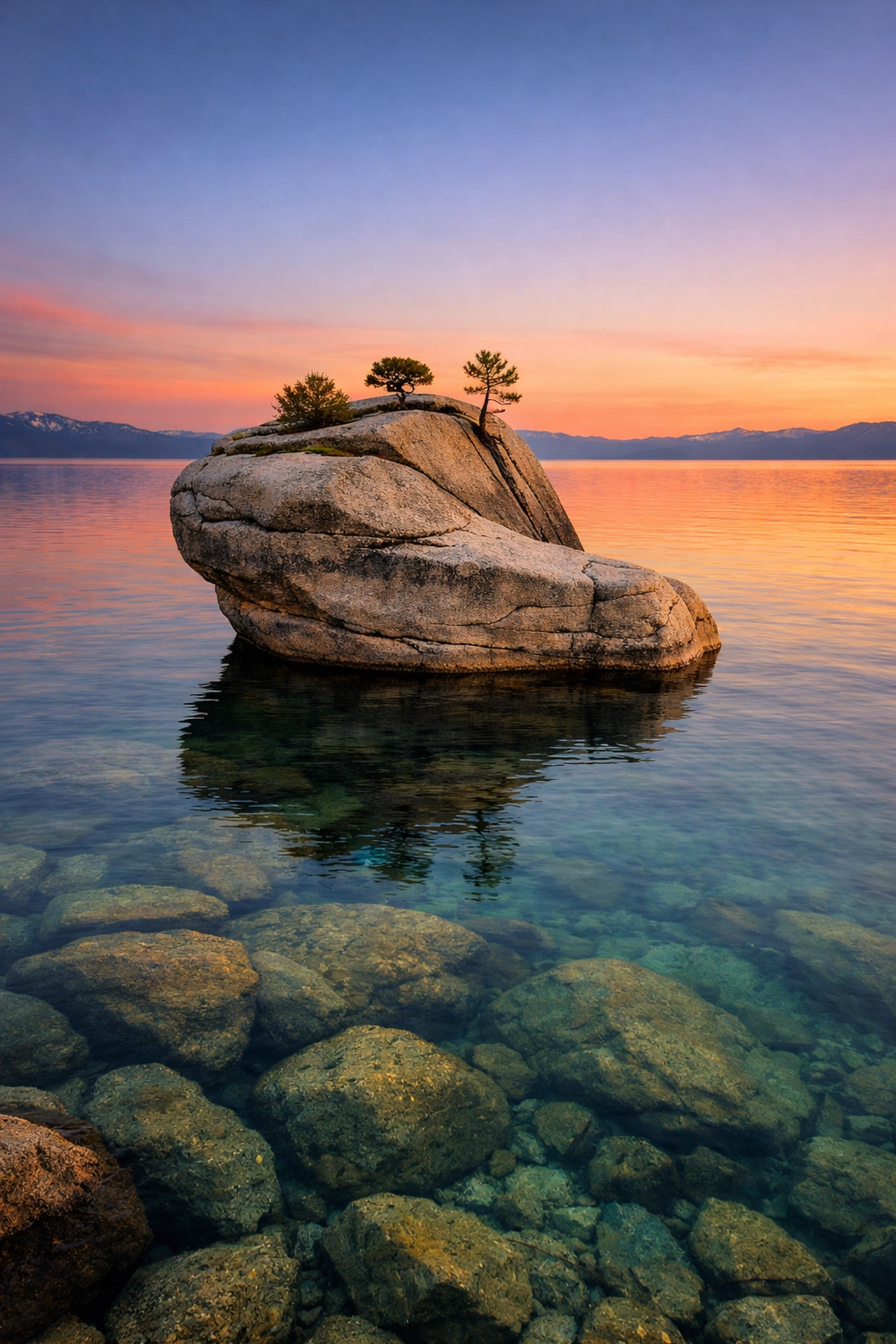 Bonsai Rock on the East Shore of Lake Tahoe at golden hour, featuring clear turquoise water and minimalist trees.