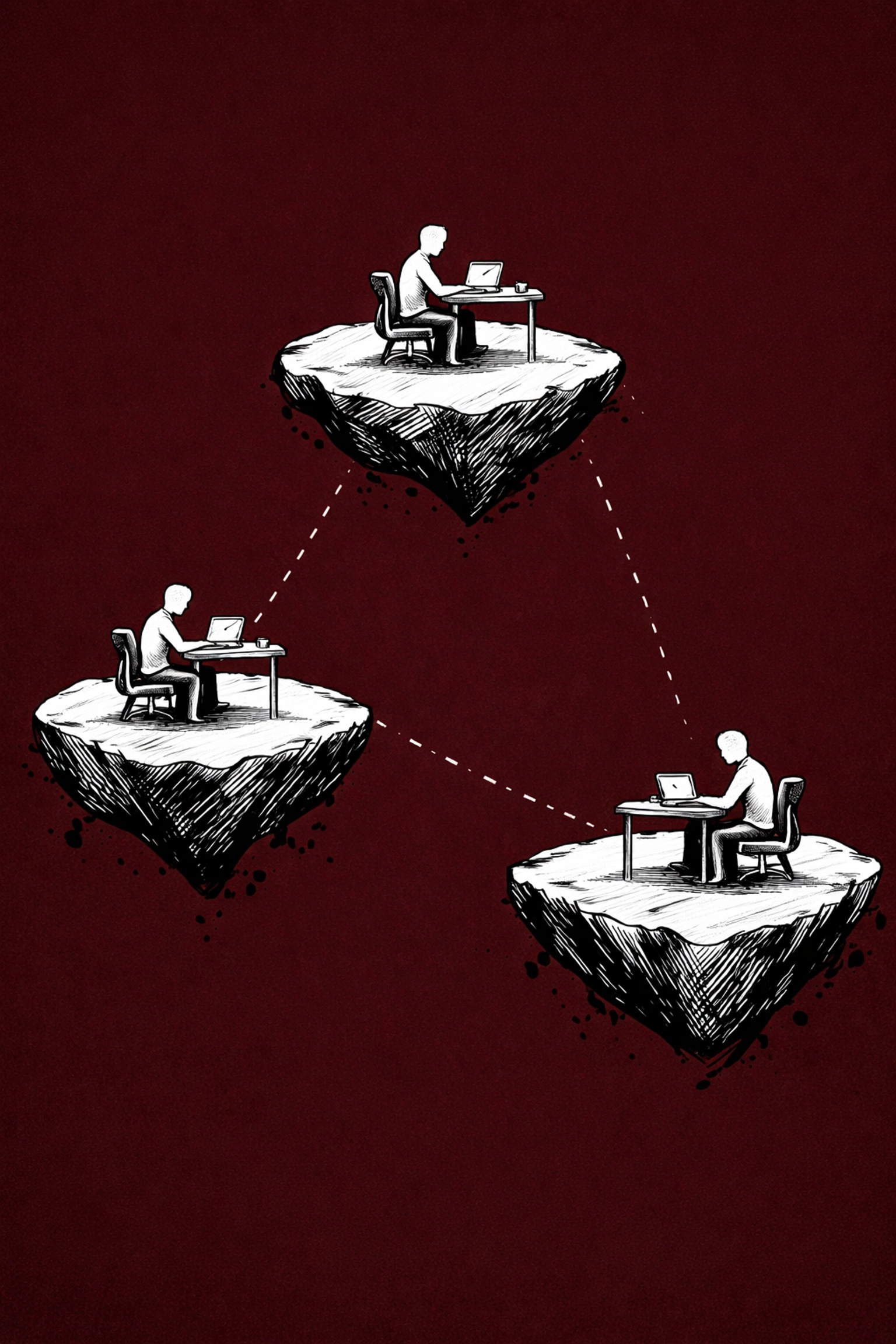 Three isolated figures on separate islands, visualizing agency silos and lack of unified creative collaboration