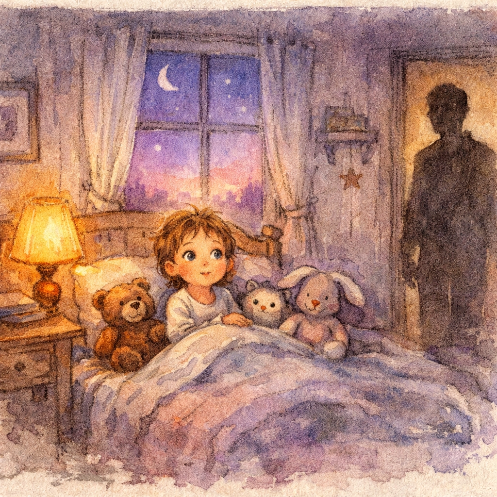 Child wondering about Jesus' return at bedtime with parent nearby